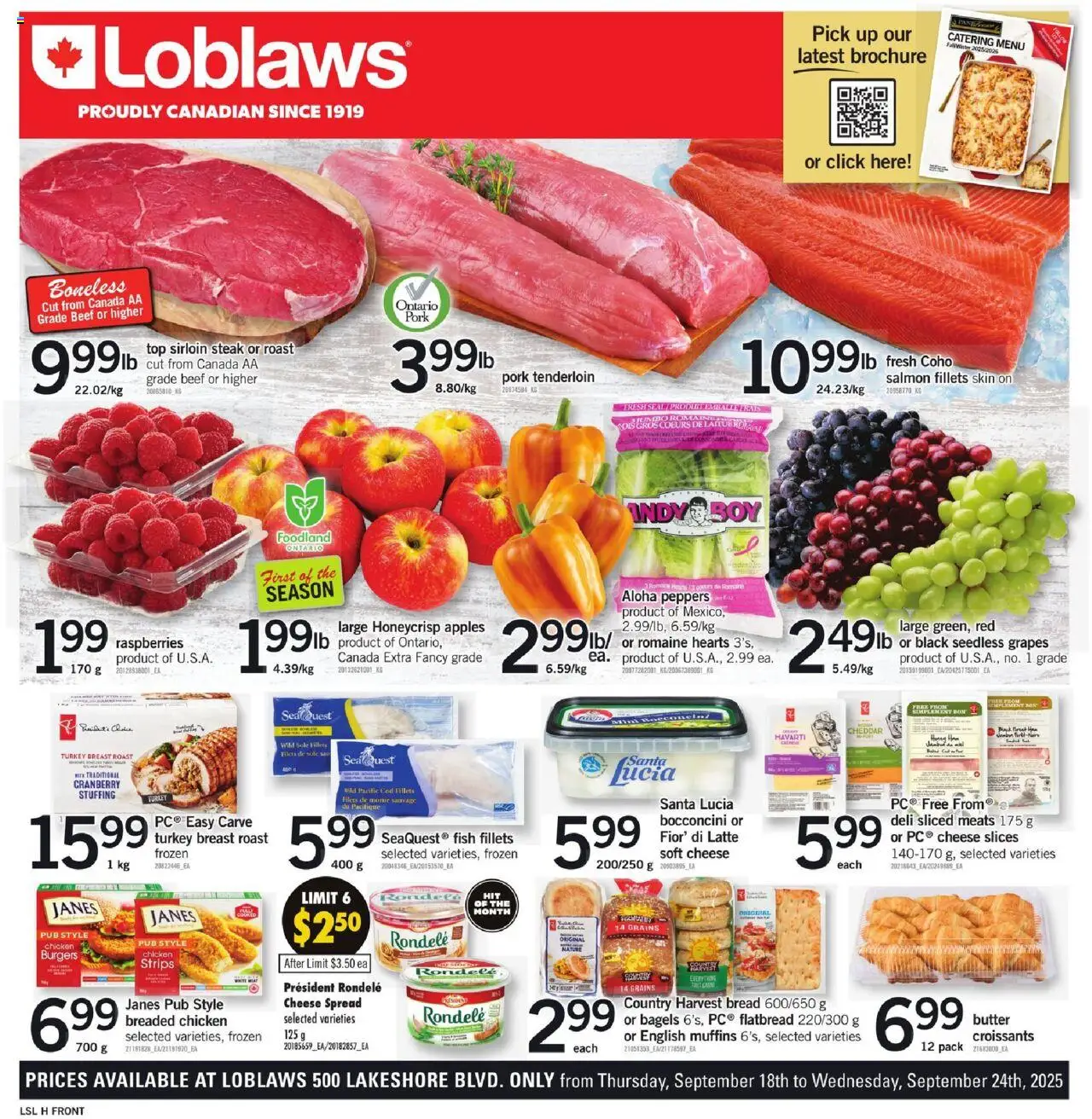 Loblaws flyer valid from Sep 18, 2025 - page number 1 - Fish, Turkey, Bread, Beef, Grapes, Spread, Turkey breast, Seedless grapes