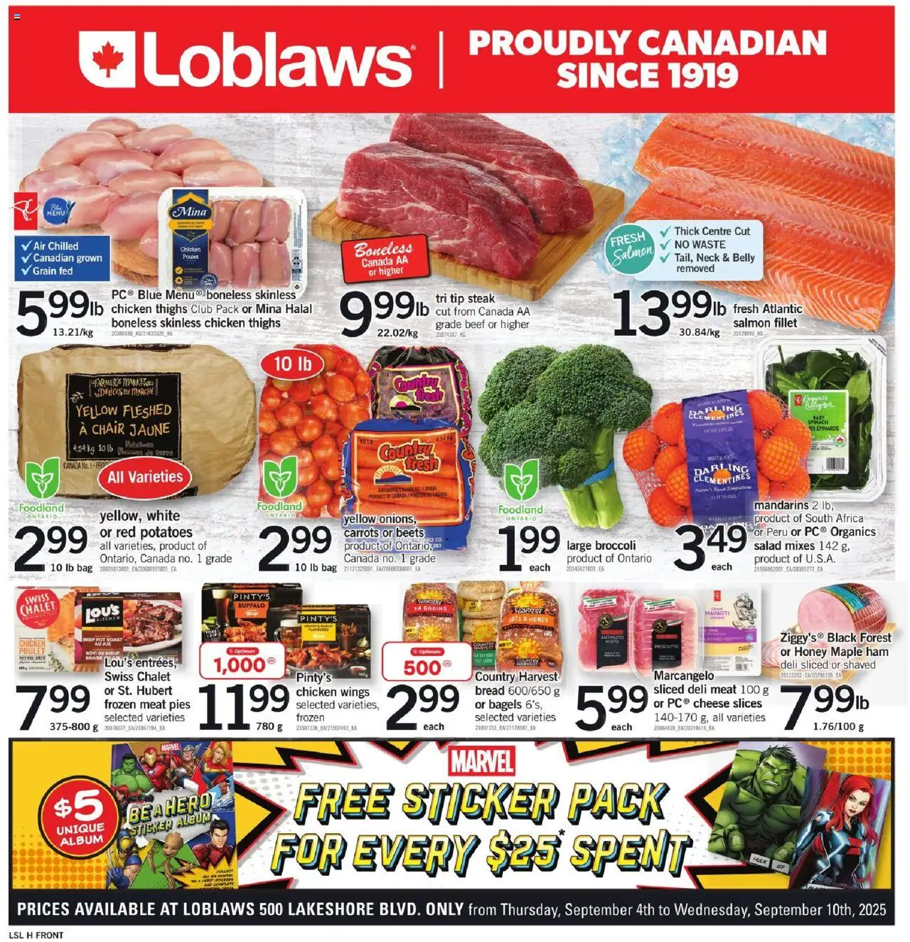 Loblaws flyer valid from Sep 04, 2025 - page number 1 - Steak, Chicken wings, Potatoes, Broccoli, Bag, Carrots, Ham, Salmon fillet