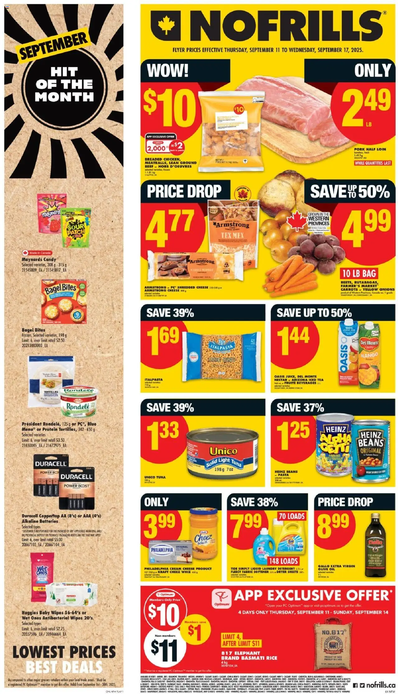 No Frills flyer valid from Sep 11, 2025 - page number 1 - Pasta, Cheese, Juice, Olive oil, Beans, Tuna, Dryer, Basmati rice