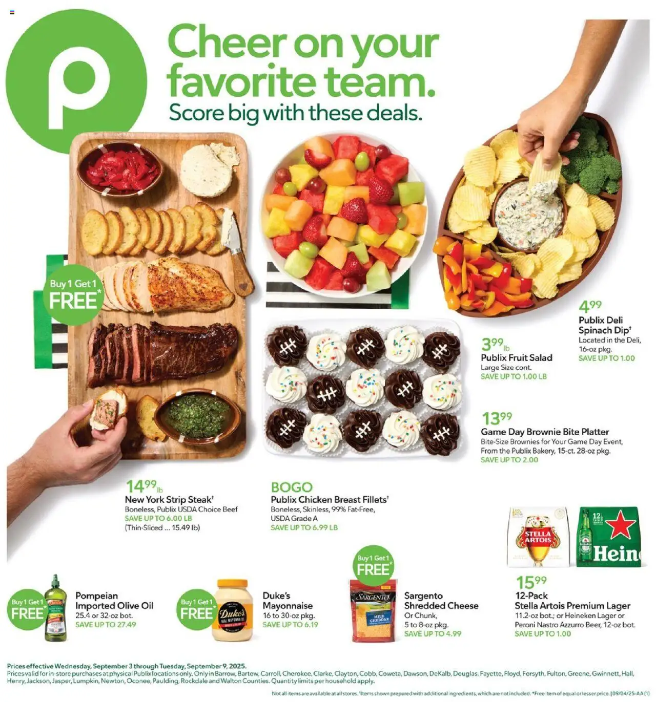 Publix Weekly ad from (09/03/2025) - Ad this week, Flyer - Page number 1 - Game, Steak, Salad, Fruit, Cheese, Brownies, Mayonnaise, Chicken
