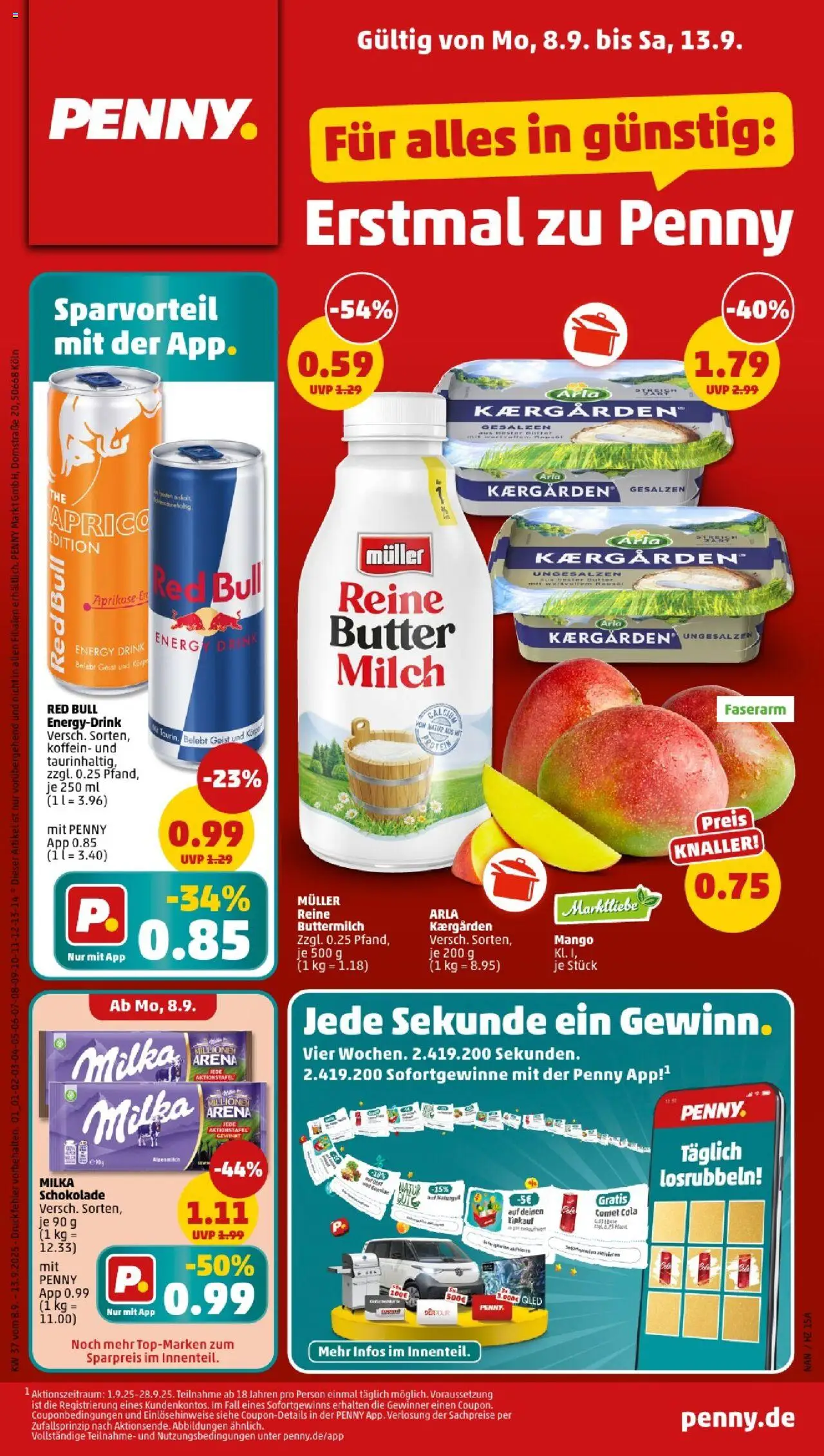 Penny Prospekt ab 08.09.2025 - Bayern - Mango, Butter, Red bull, Schokolade, Cola, Milka, Energy, Buttermilch
