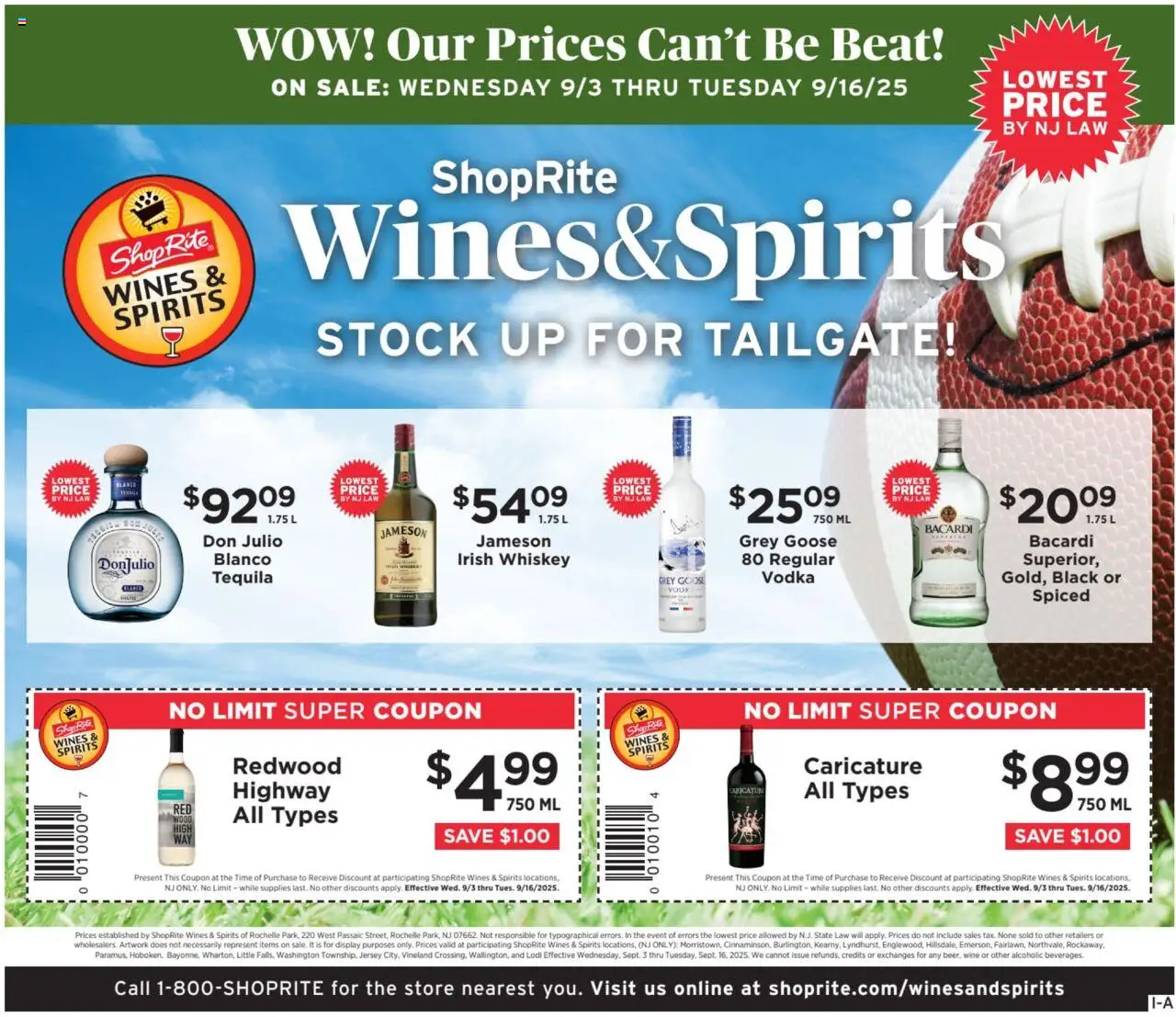 ShopRite Circular from 09/03/2025 >> Weekly Ad, flyer - Page number 1 - Tequila, Wine, Vodka, Goose, Whiskey, Bacardi, Grey Goose, Irish whiskey