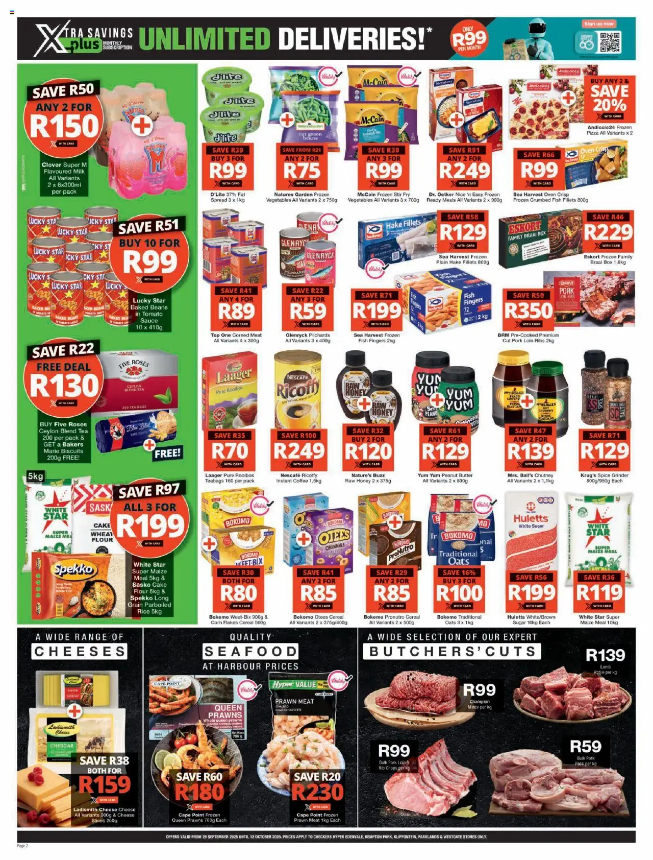 New Checkers catalogue – valid from 29.09.2025 | Page: 2 | Products: Corn, Corned meat, Biscuits, Sauce