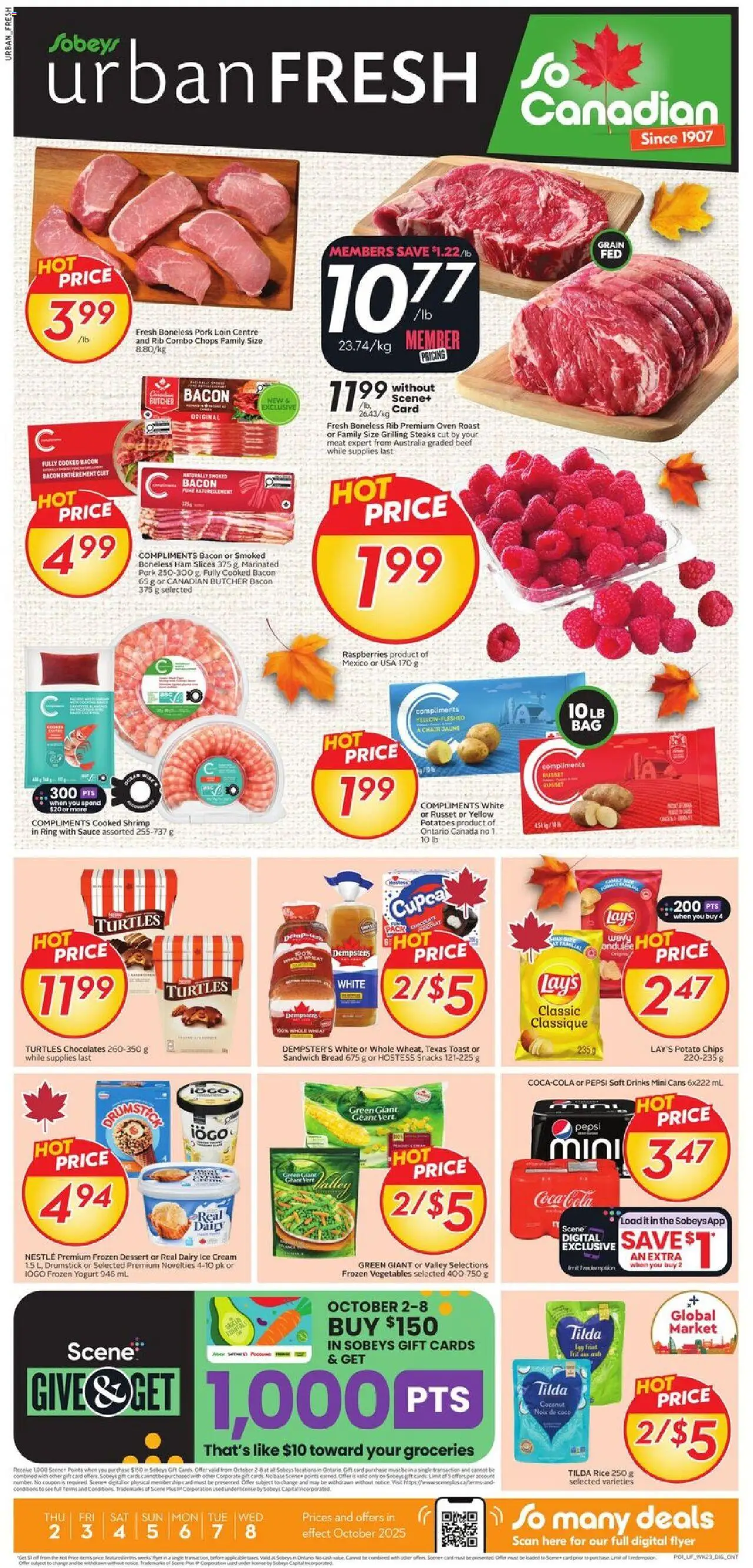 Sobeys flyer valid from 02.10.2025 | Page: 1 | Products: Rice, Beef, Ice cream, Yogurt