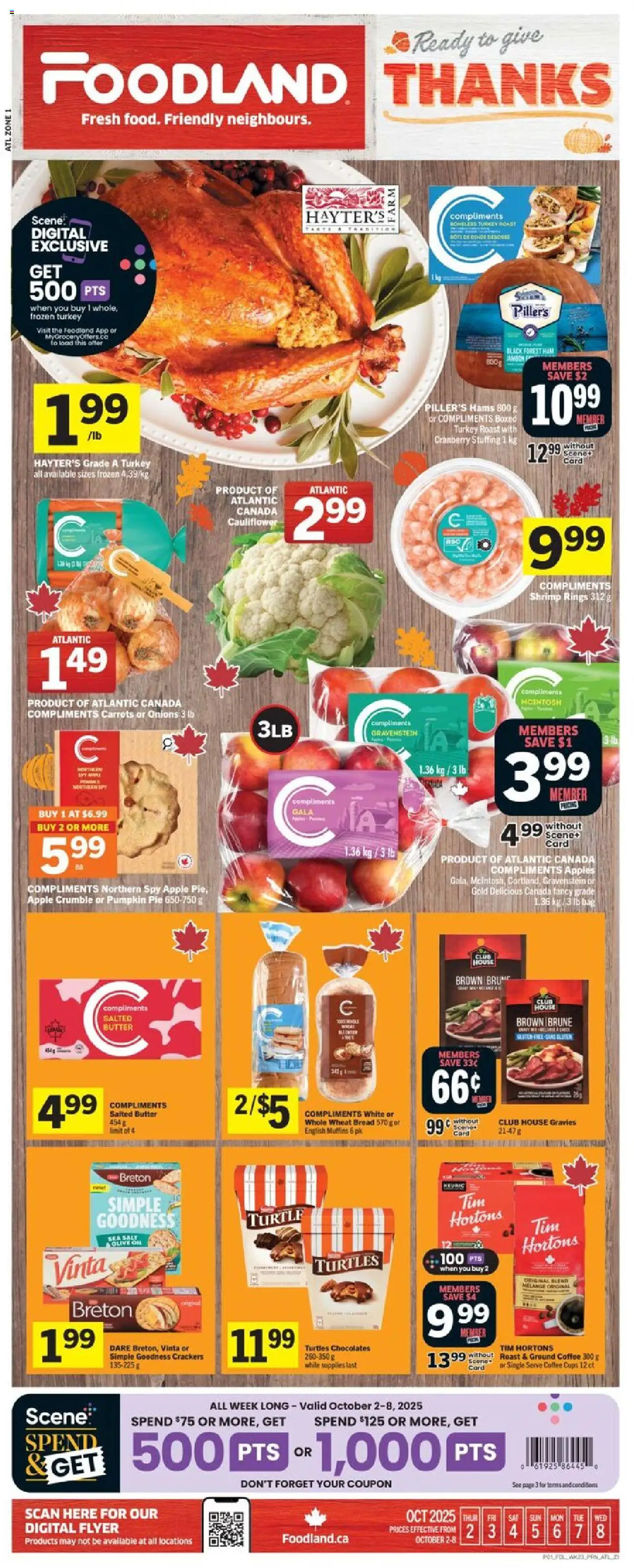 Foodland flyer valid from 02.10.2025 | Page: 1 | Products: Bread, Coffee, Ham, Apples