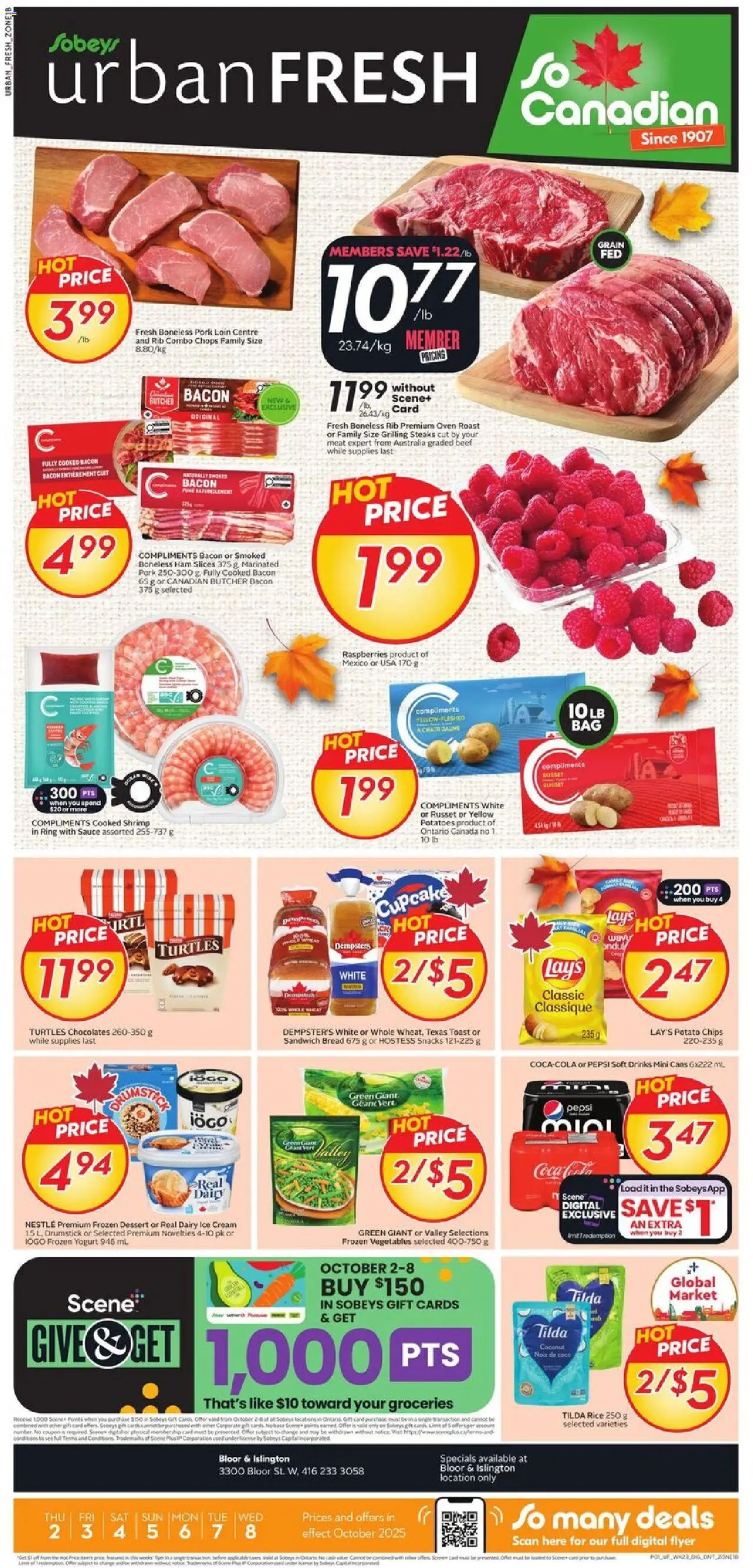 Sobeys flyer valid from 02.10.2025 | Page: 1 | Products: Chips, Chair, Yogurt, Pork