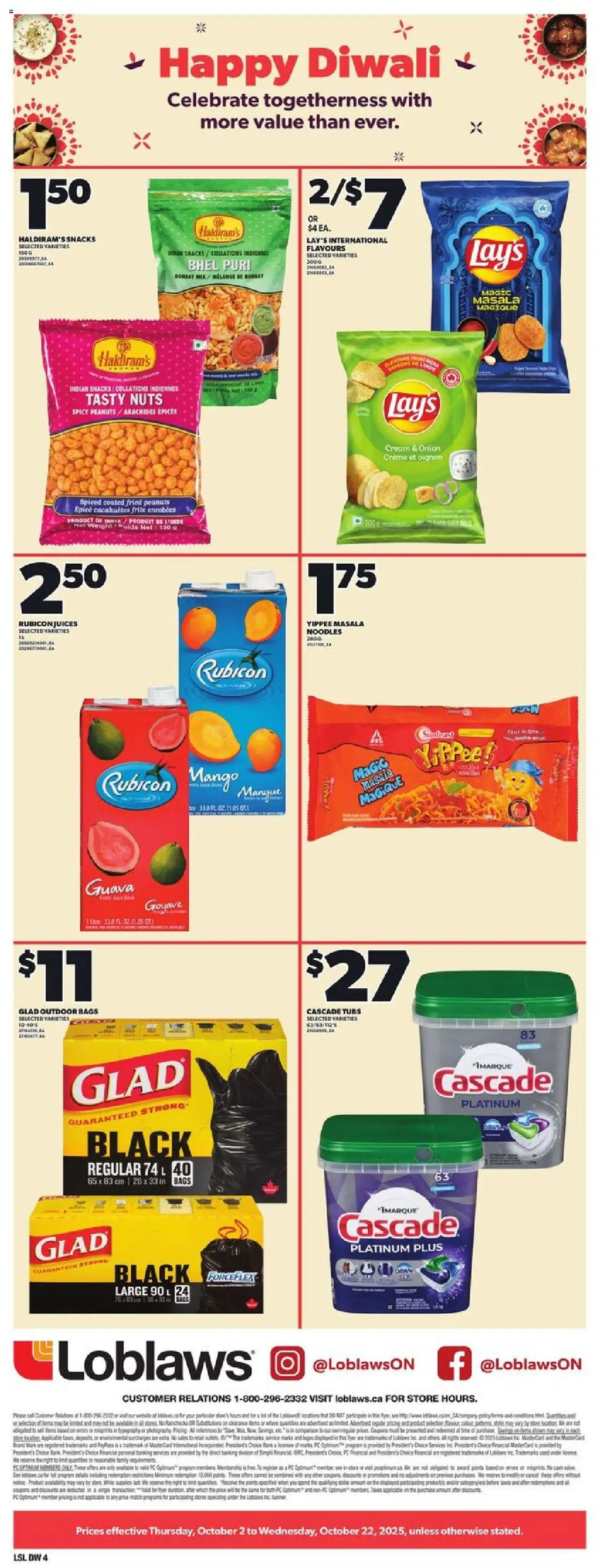 Loblaws flyer valid from 02.10.2025 | Page: 4 | Products: Noodles, Nuts, Hat, Milk