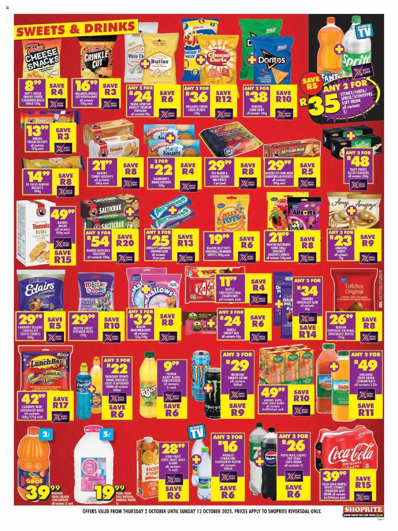 New Shoprite catalogue – valid from 02.10.2025 | Page: 5 | Products: Squash, Cheese, Fanta, Popcorn