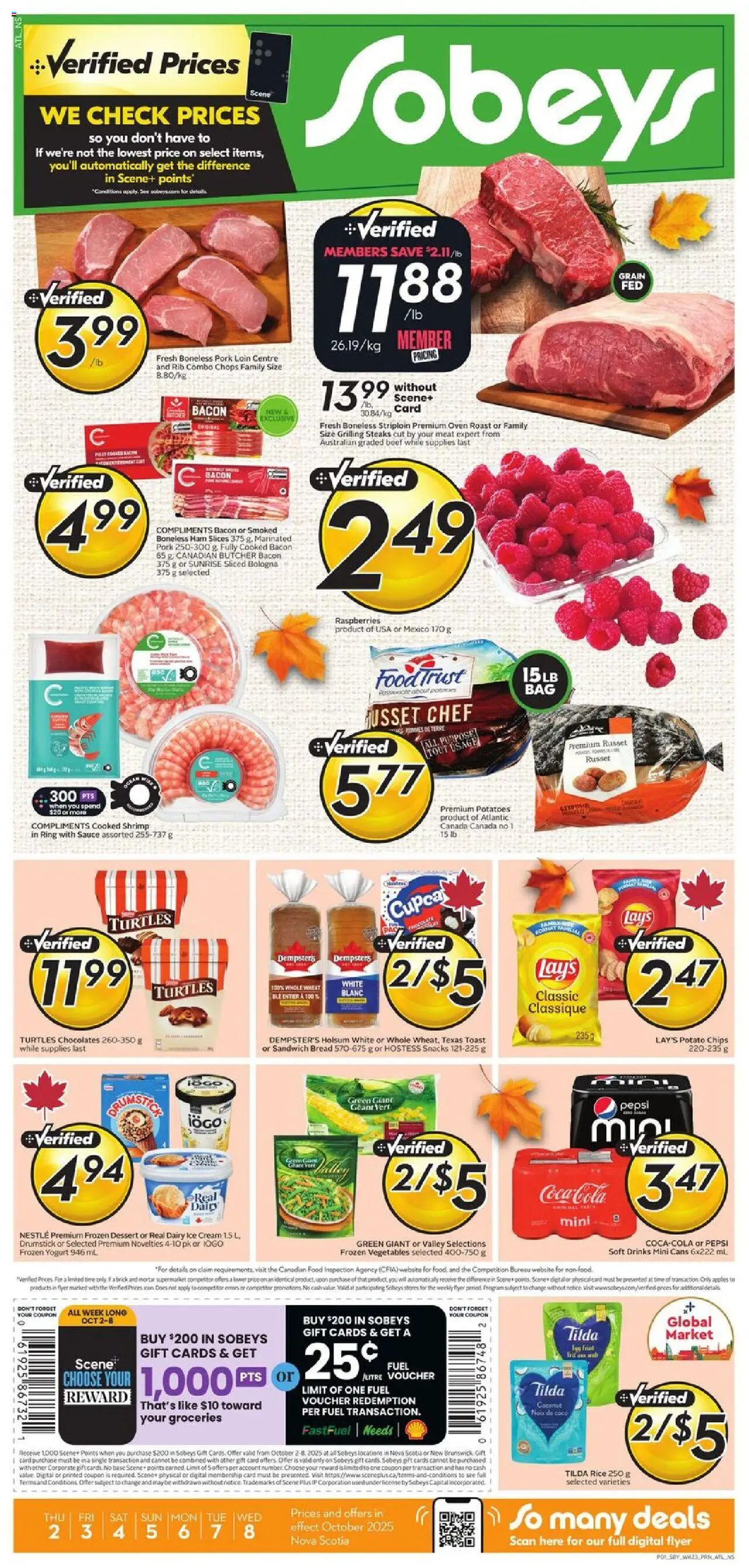 Sobeys flyer valid from 02.10.2025 | Page: 1 | Products: Rice, Bread, Ham, Pork