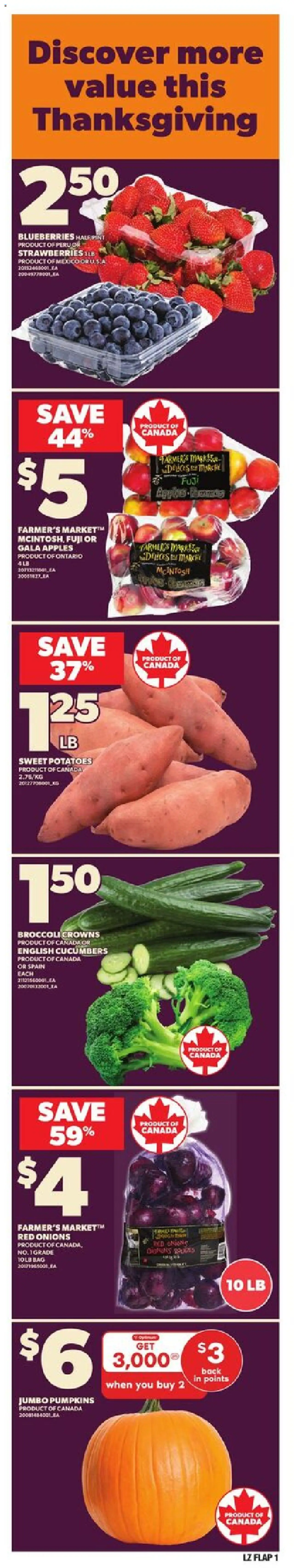 Loblaws flyer valid from 02.10.2025 | Page: 1 | Products: Cucumbers, Potatoes, Bag, Apples