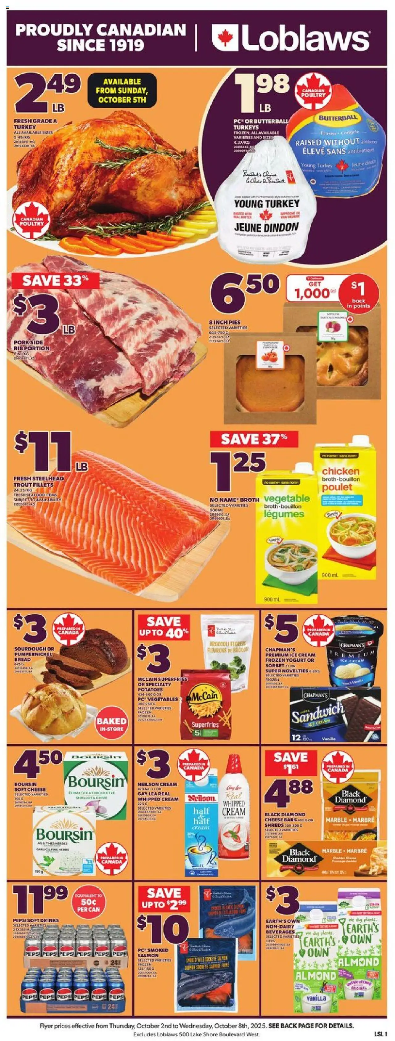 Loblaws flyer valid from 02.10.2025 | Page: 3 | Products: Ice cream, PC, Yogurt, Pork
