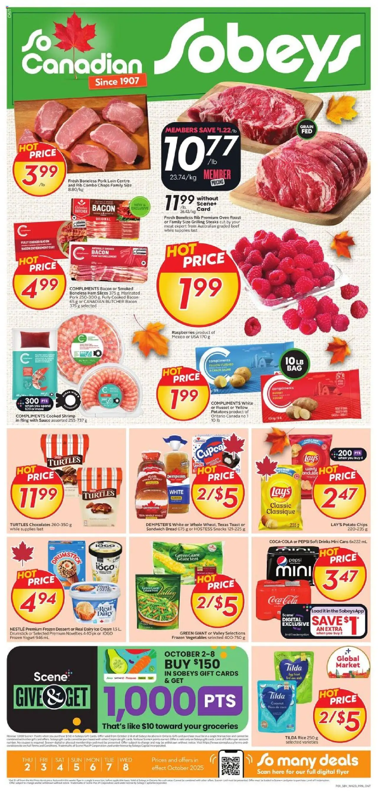 Sobeys flyer valid from 02.10.2025 | Page: 1 | Products: Chips, Cream, Yogurt, Bread