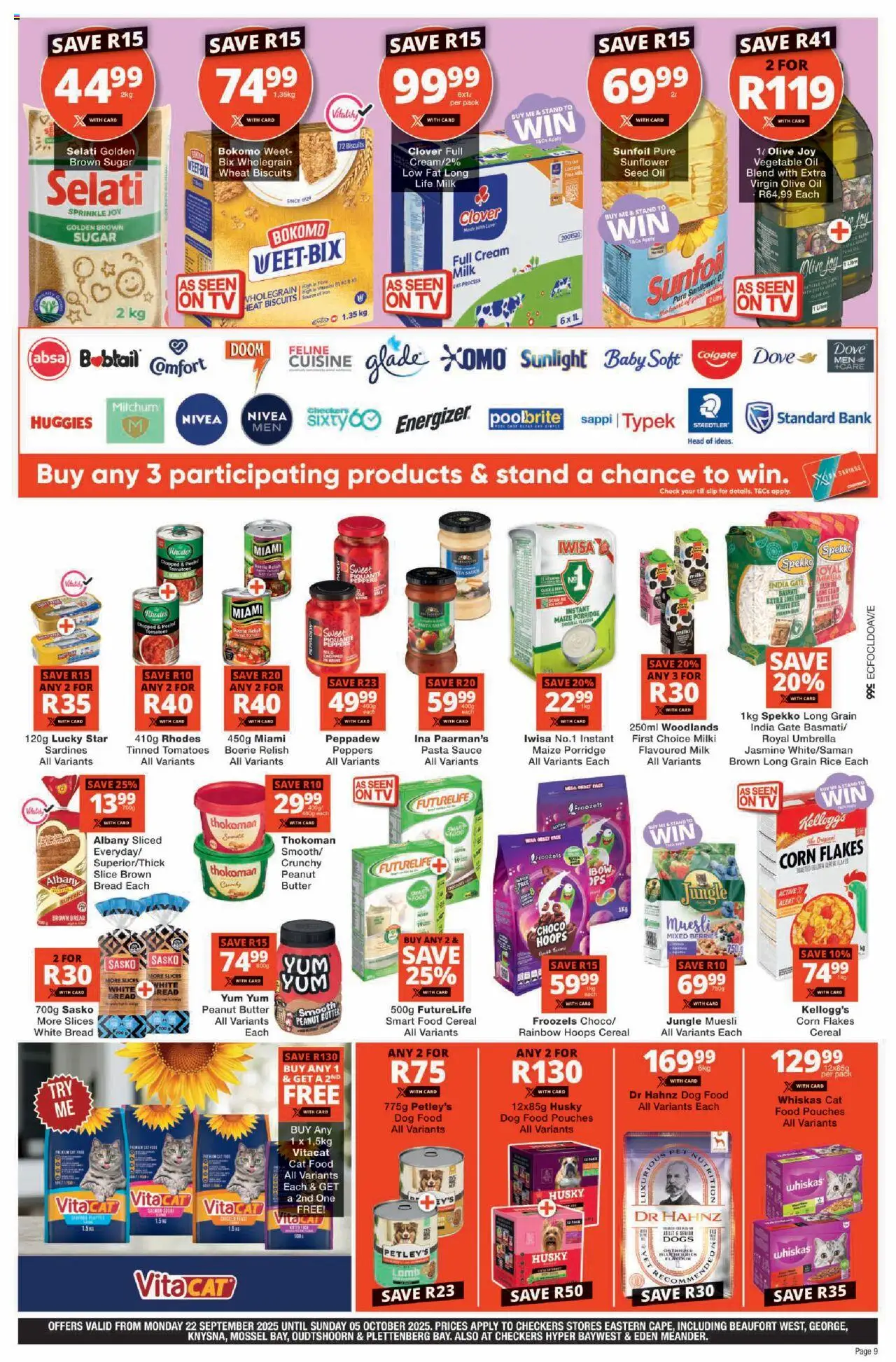 New Checkers catalogue – valid from 22.09.2025 | Page: 9 | Products: Corn, Pasta sauce, Peanut butter, Cat food