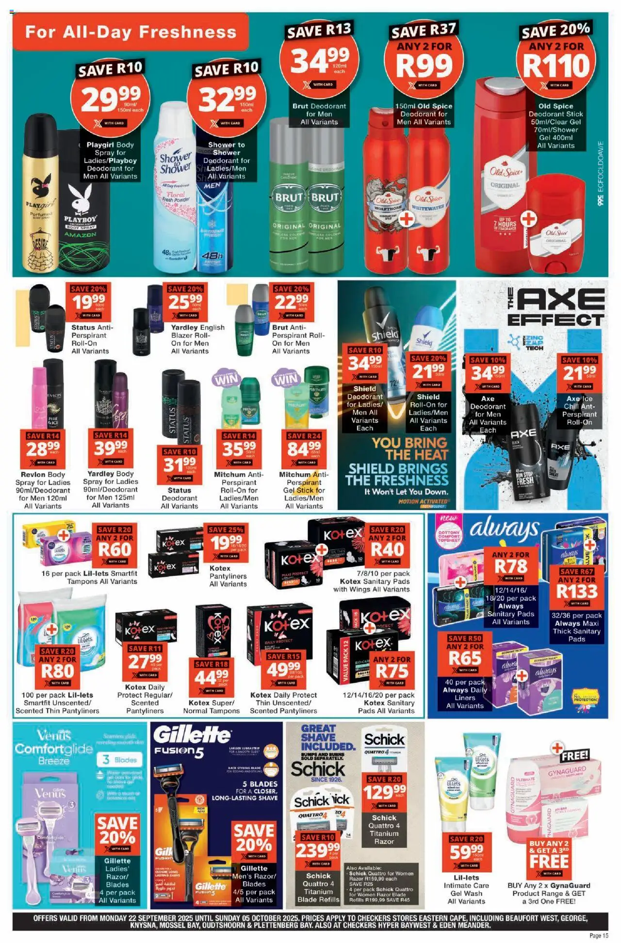 New Checkers catalogue – valid from 22.09.2025 | Page: 15 | Products: Shower, Pads, Powder, Water
