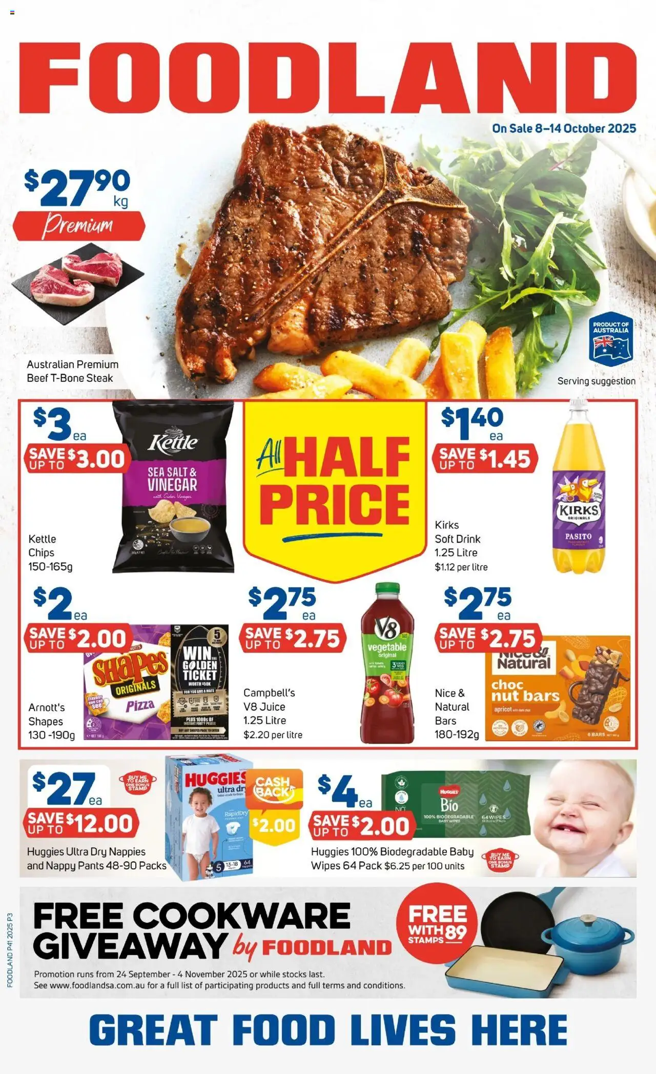 Foodland catalogue - valid from 08.10.2025 | Page: 1 | Products: Pizza, Juice, Steak, Salt