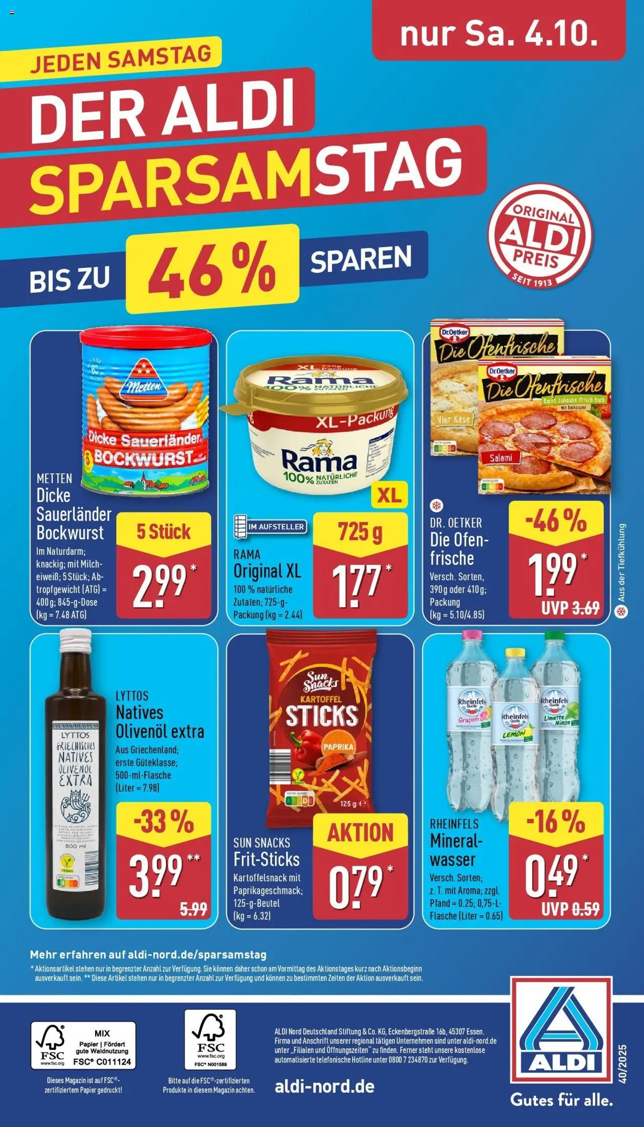 Aldi - ALDI Nord: Wochenangebote – gültig ab 28.09.2025 | Seite: 34 | Produkte: Bockwurst, Rama, Wasser, Salami