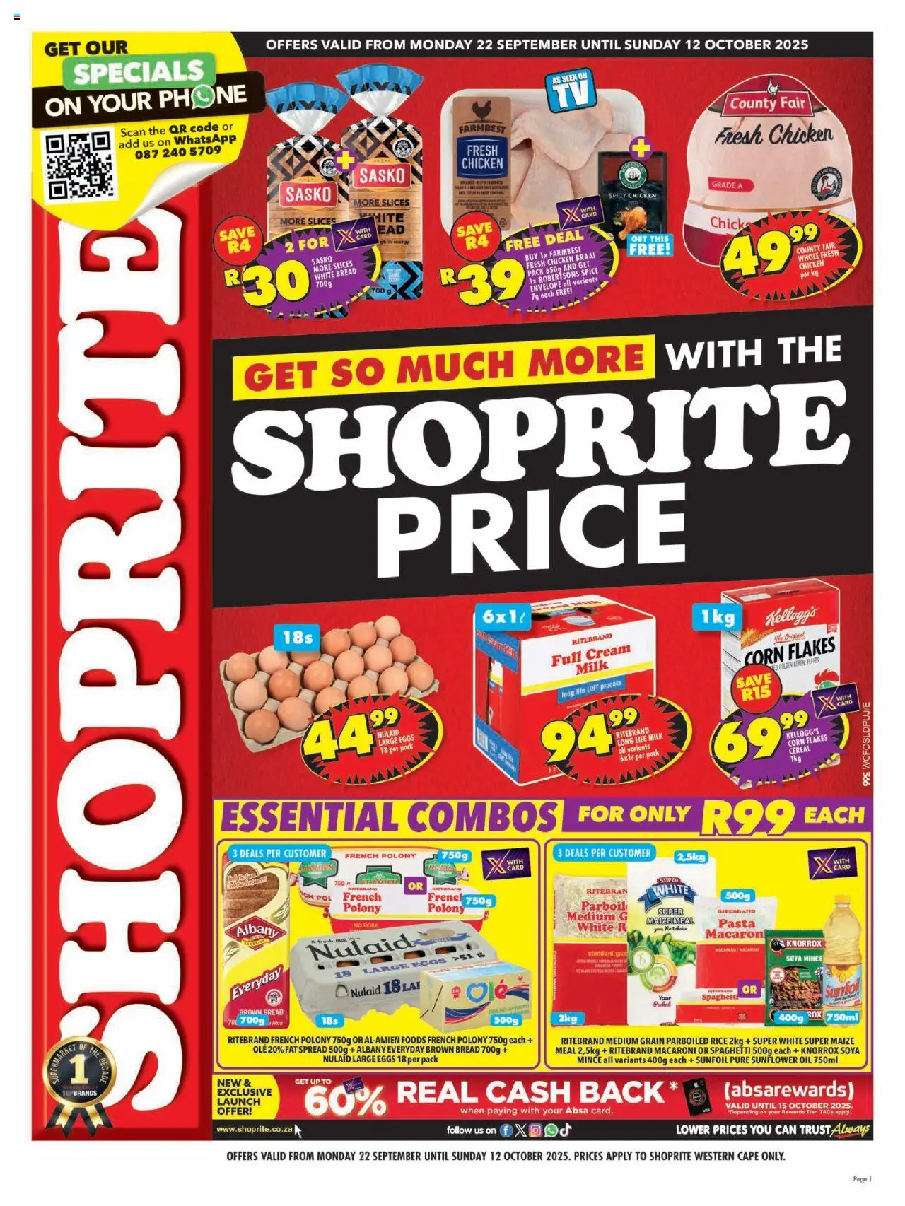 New Shoprite catalogue – valid from 22.09.2025 | Page: 1 | Products: Corn, Milk, Polony, Rice