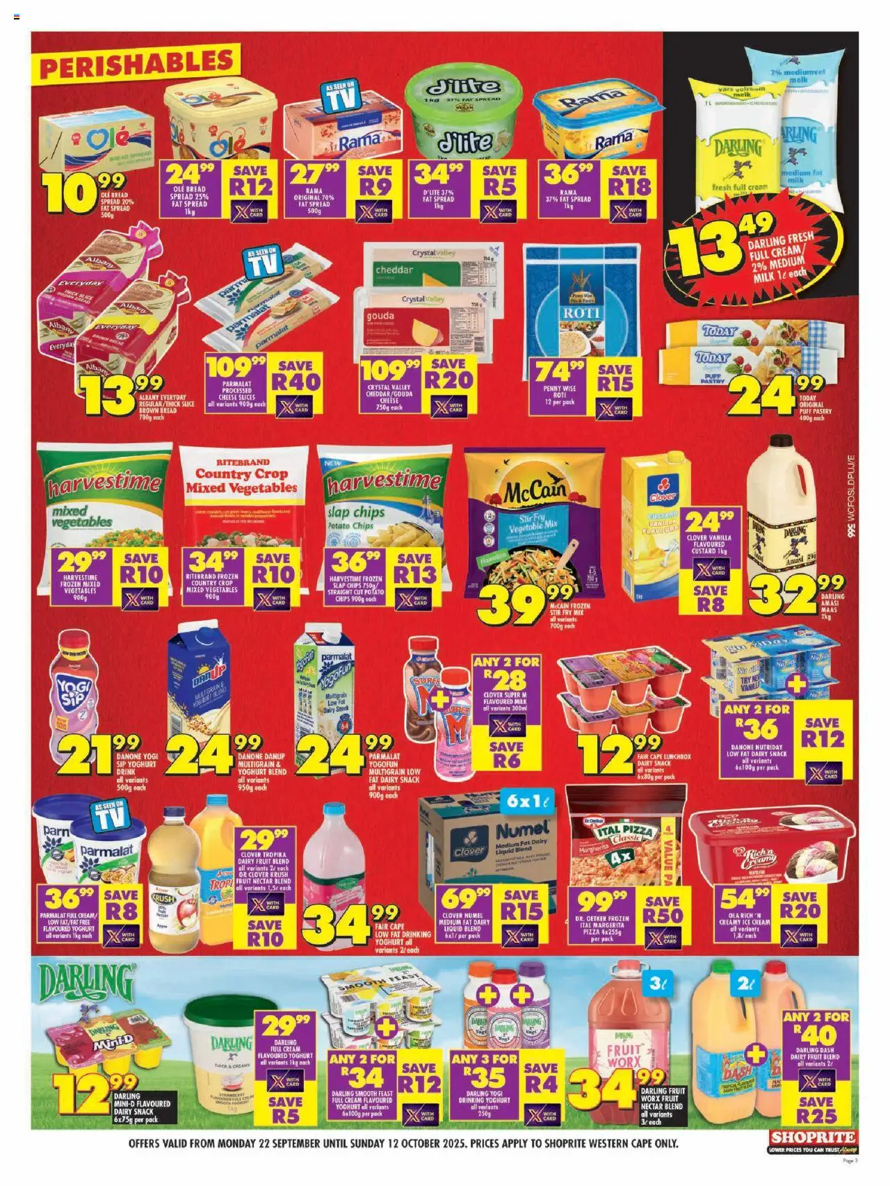 New Shoprite catalogue – valid from 22.09.2025 | Page: 3 | Products: Frozen vegetables, Bread, Chips, Fruit