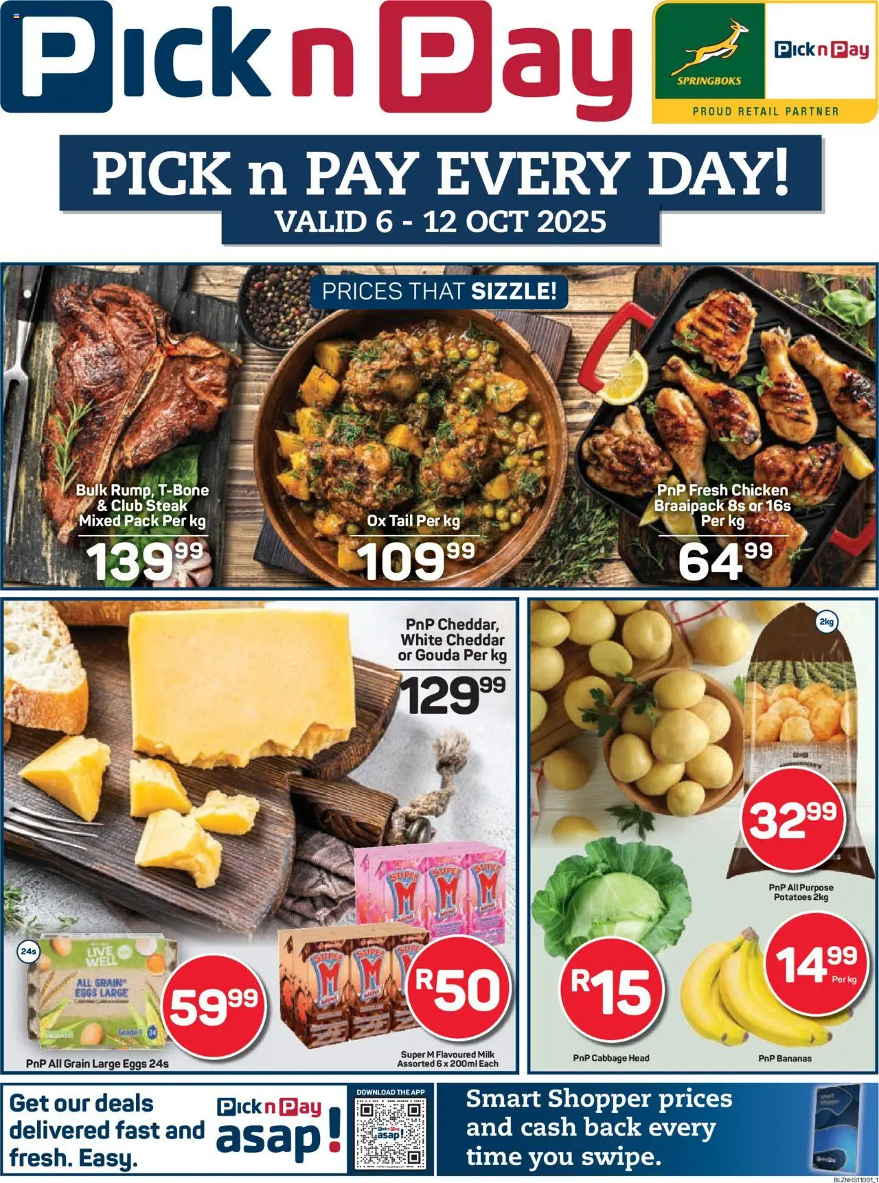 New Pick n Pay catalogue – valid from 06.10.2025 | Page: 1 | Products: Steak, Milk, Chicken, Bananas