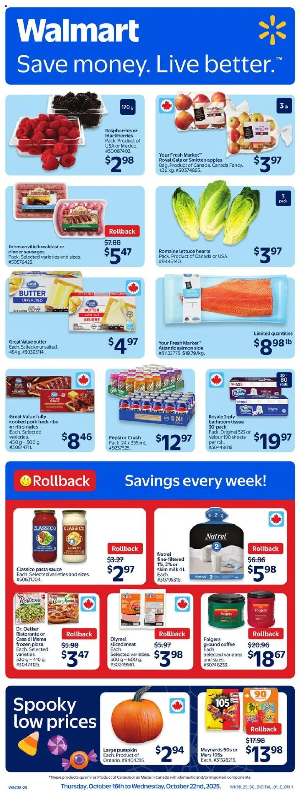Walmart flyer valid from 16.10.2025 | Page: 1 | Products: Pasta, Coffee, Pizza, Apples