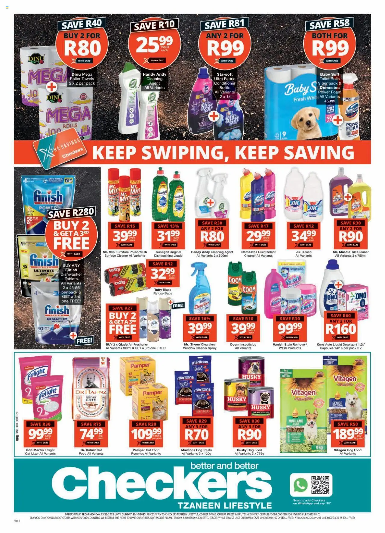 New Checkers catalogue – valid from 13.10.2025 | Page: 8 | Products: Toilet, Disinfectant, Bleach, Dog food