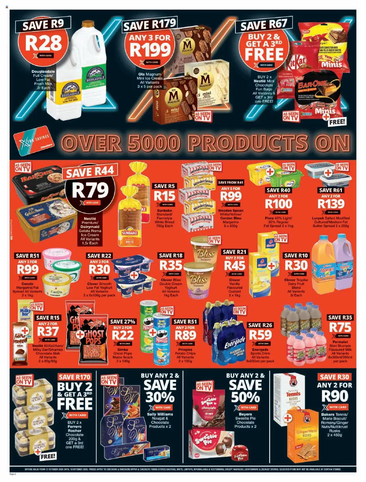 New Checkers catalogue – valid from 17.10.2025 | Page: 4 | Products: Rusks, Chips, Fat spread, Fruit