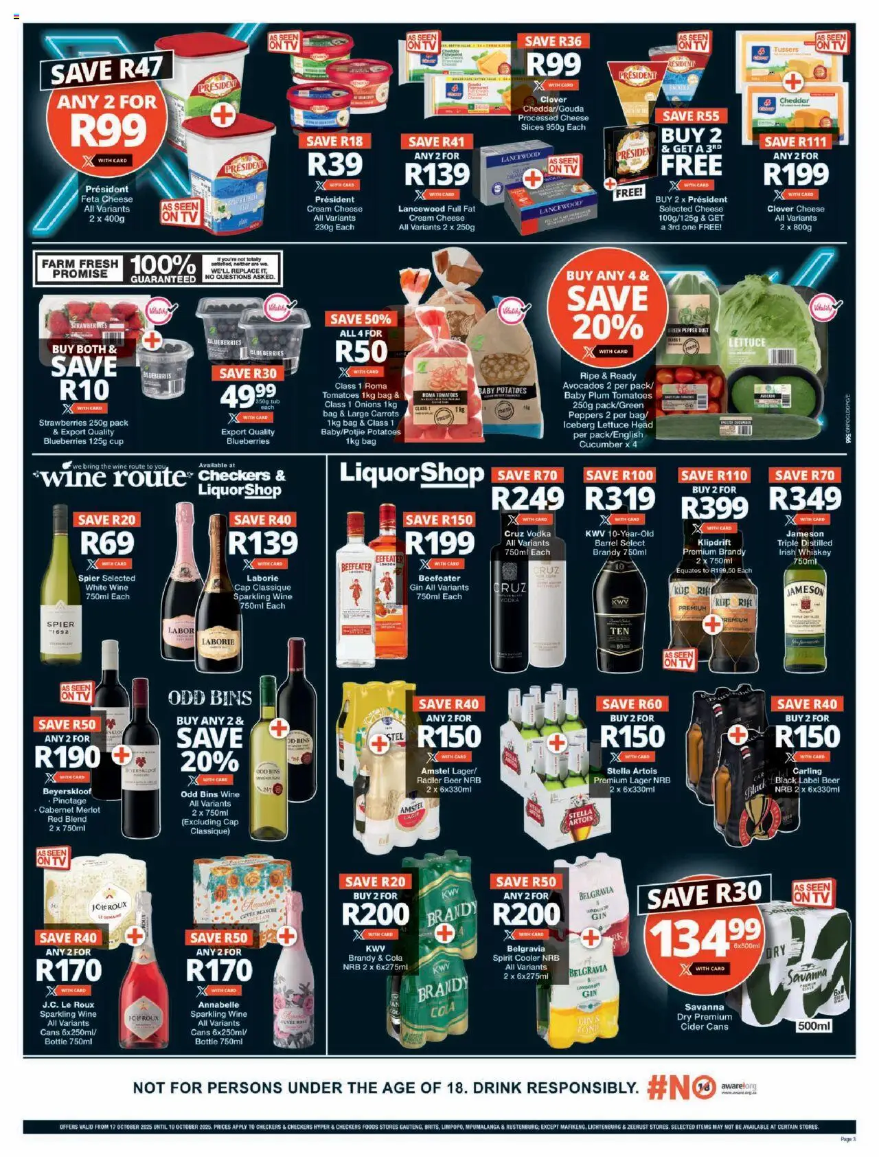 New Checkers catalogue – valid from 17.10.2025 | Page: 3 | Products: Tonic, Cheese, Gin, Vodka