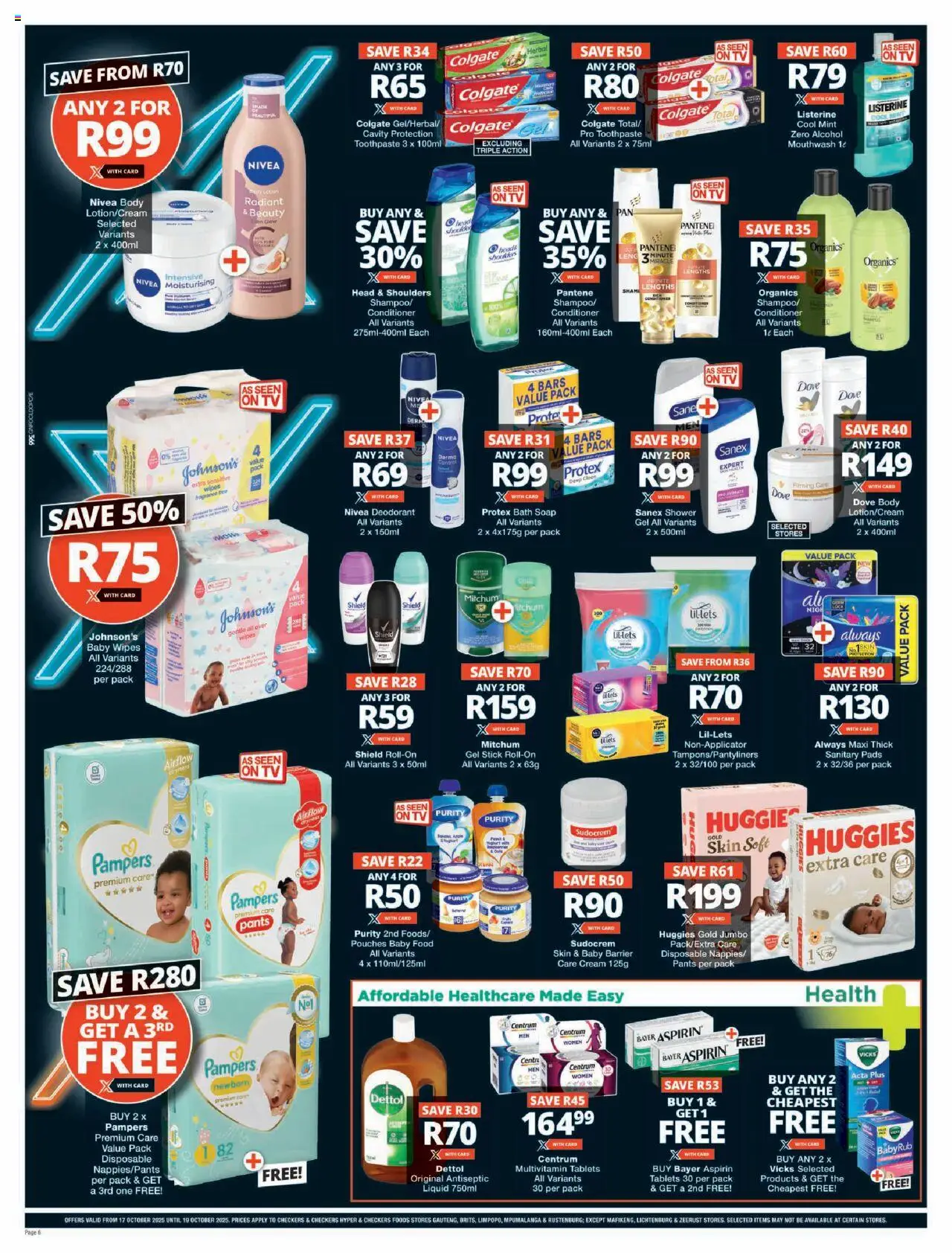 New Checkers catalogue – valid from 17.10.2025 | Page: 6 | Products: Pads, Soap, Deodorant, Peach