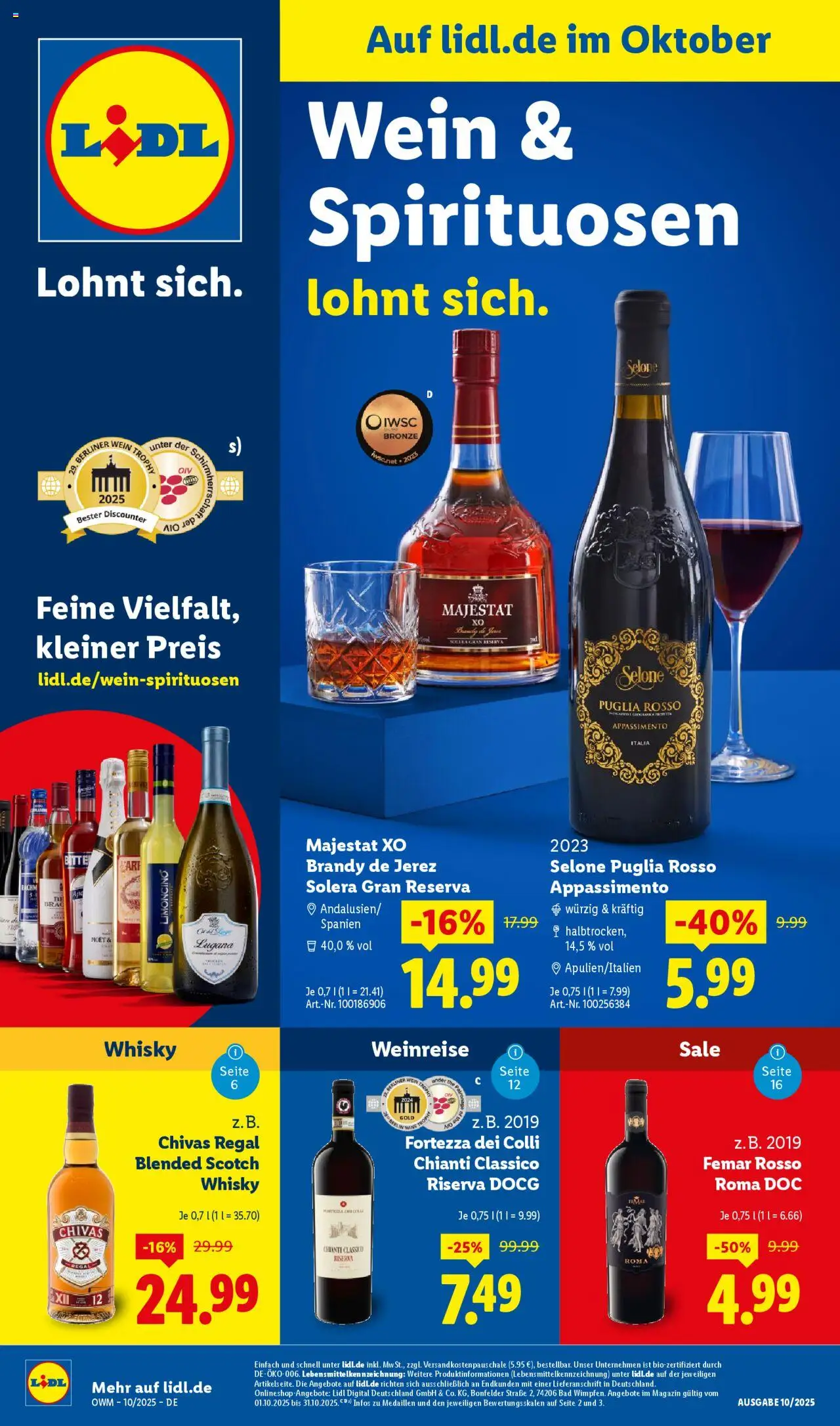 Lidl Wein & Spirituosen im Onlineshop – gültig ab 01.10.2025 | Seite: 1 | Produkte: Whisky, Regal, Bad, Wein