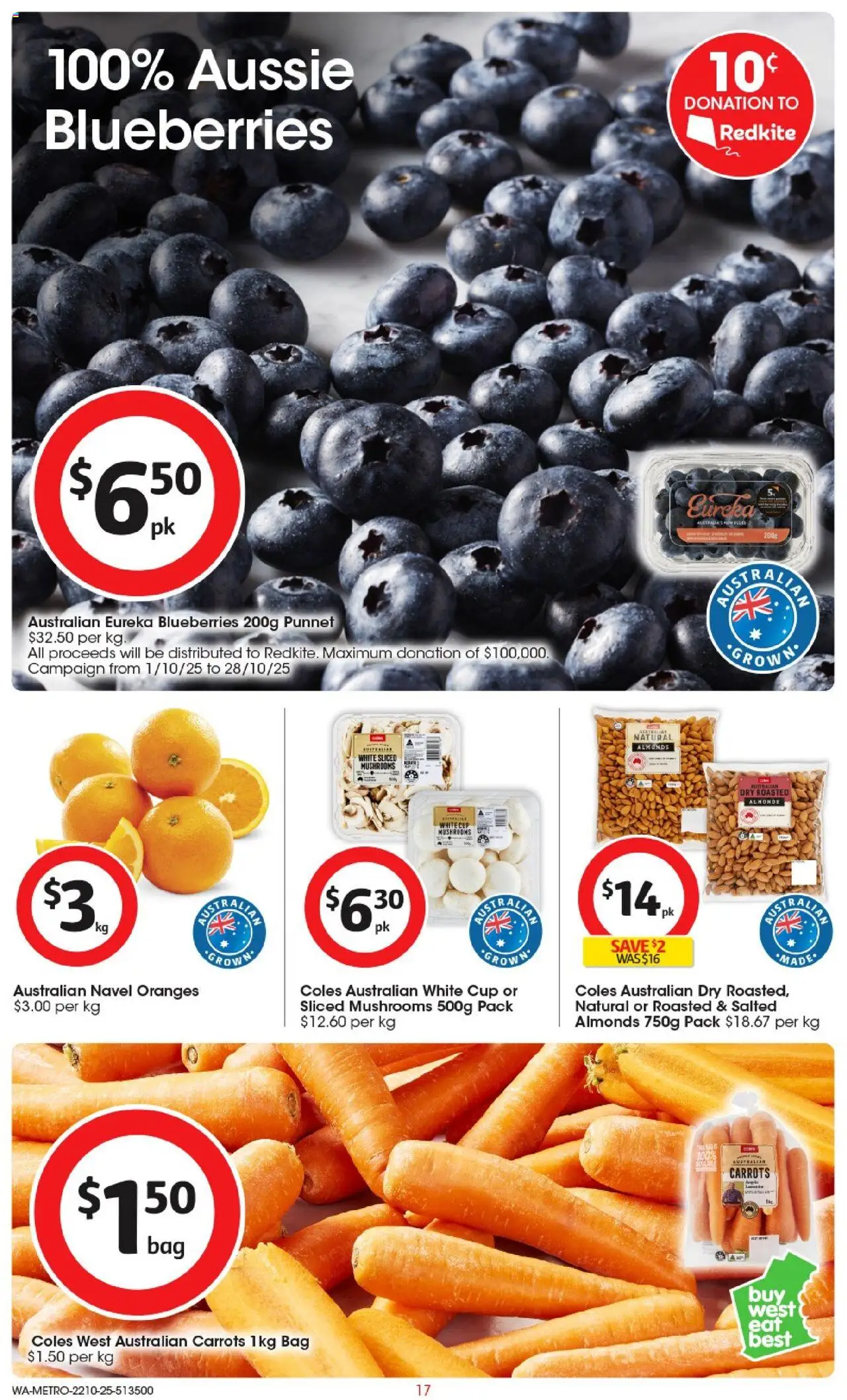 Coles catalogue - valid from 22.10.2025 | Page: 17 | Products: Oranges, Carrots, Blueberries, Bag