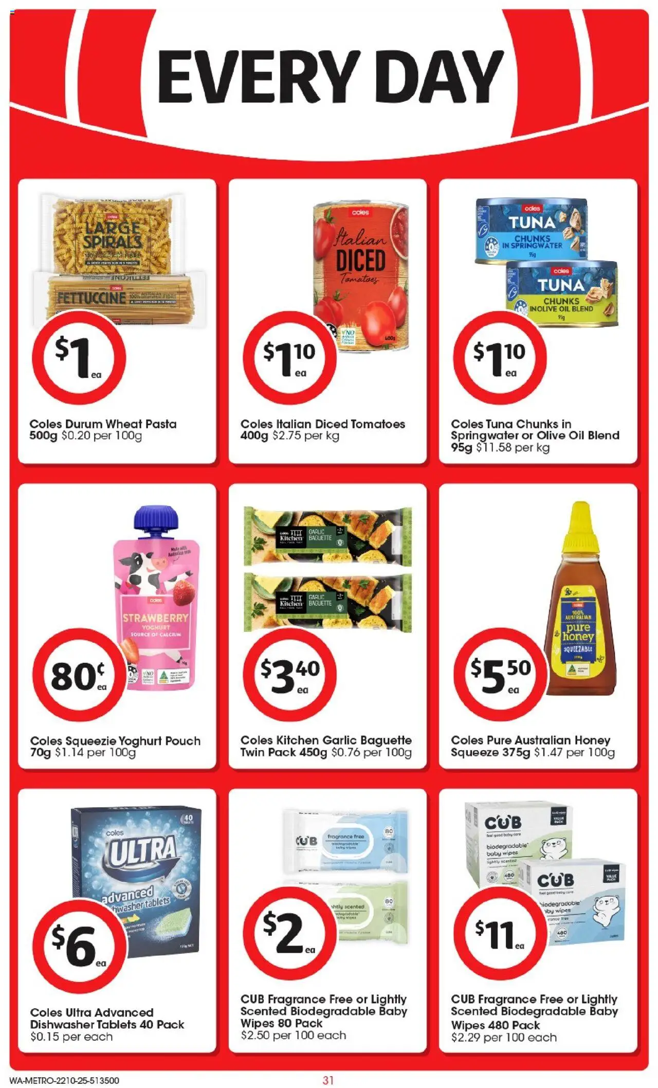 Coles catalogue - valid from 22.10.2025 | Page: 31 | Products: Honey, Pasta, Garlic, Tuna