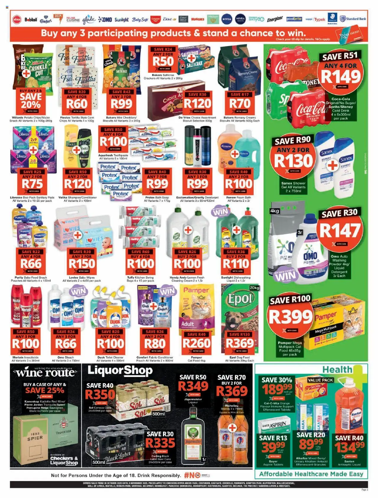 New Checkers catalogue – valid from 20.10.2025 | Page: 3 | Products: Bath, Antiseptic liquid, Wine, Powder