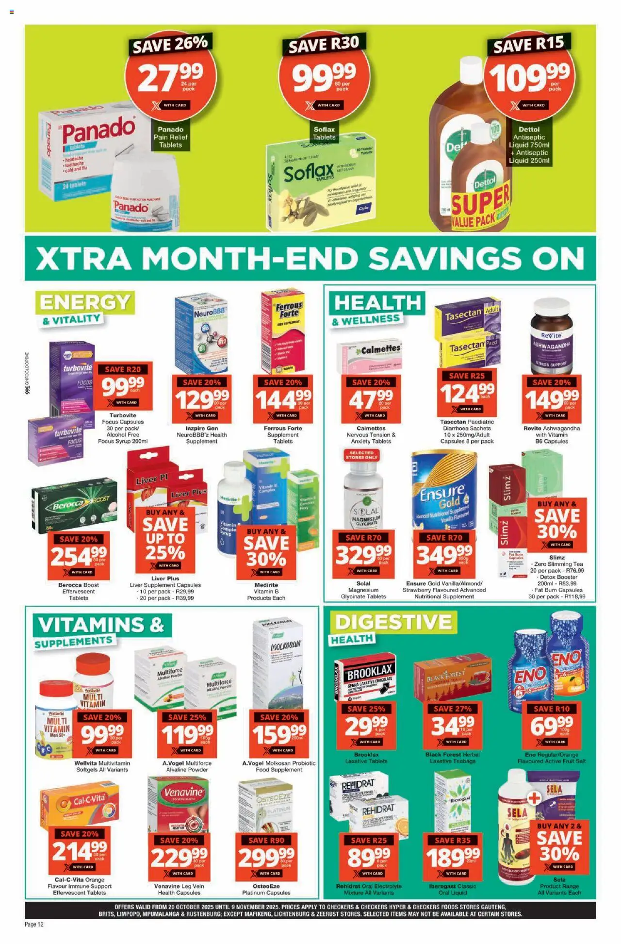 New Checkers catalogue – valid from 20.10.2025 | Page: 12 | Products: Antiseptic liquid, Chocolate, Syrup, Supplements