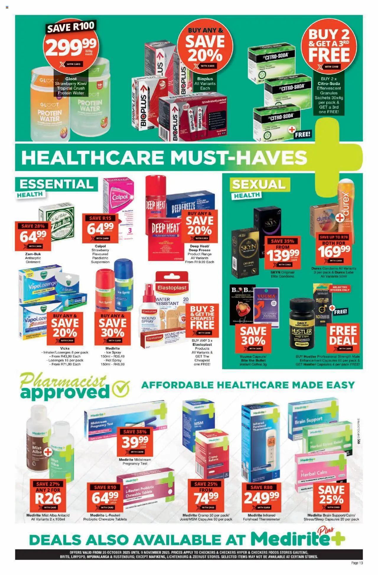 New Checkers catalogue – valid from 20.10.2025 | Page: 13 | Products: Detergente líquido, Coffee, Lozenges, Plaster