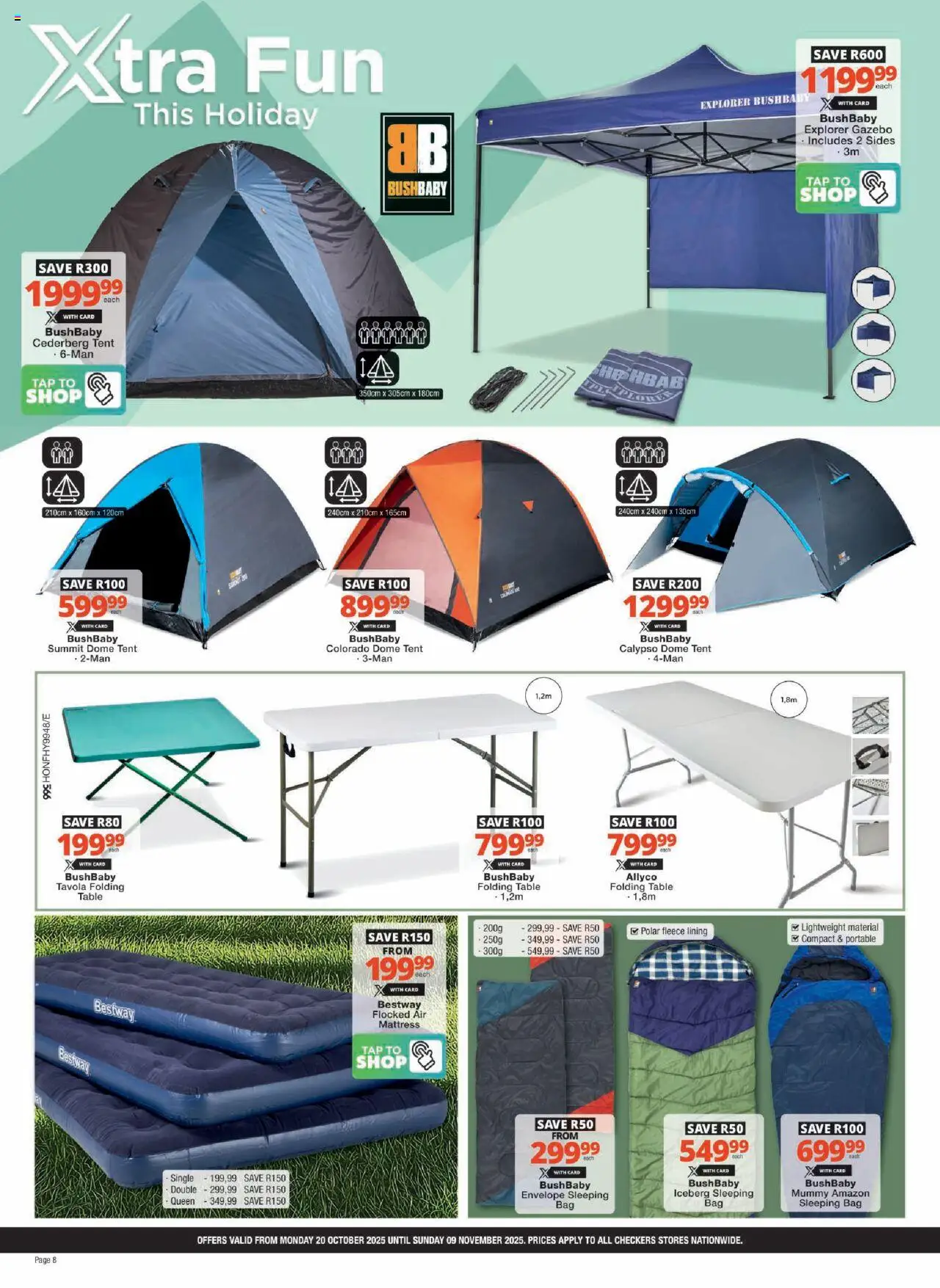 New Checkers catalogue – valid from 20.10.2025 | Page: 8 | Products: Bag, Mattress, Sleeping bag, Tent