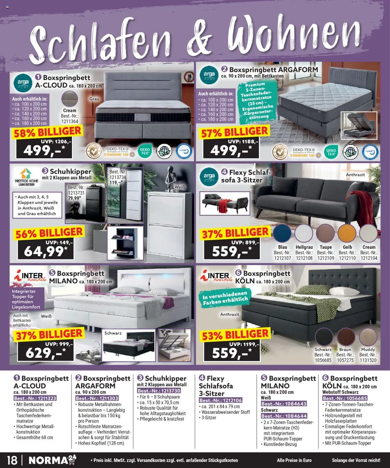 Norma Bestellmagazin Oktober 2025 – gültig ab 01.10.2025 | Seite: 18 | Produkte: Schlafsofa, Sofa, Boxspringbett, Schuhkipper Norma Bestellmagazin Oktober 2025 – gültig ab 01.10.2025 | Seite: 18 | Produkte: Schlafsofa, Sofa, Boxspringbett, Schuhkipper