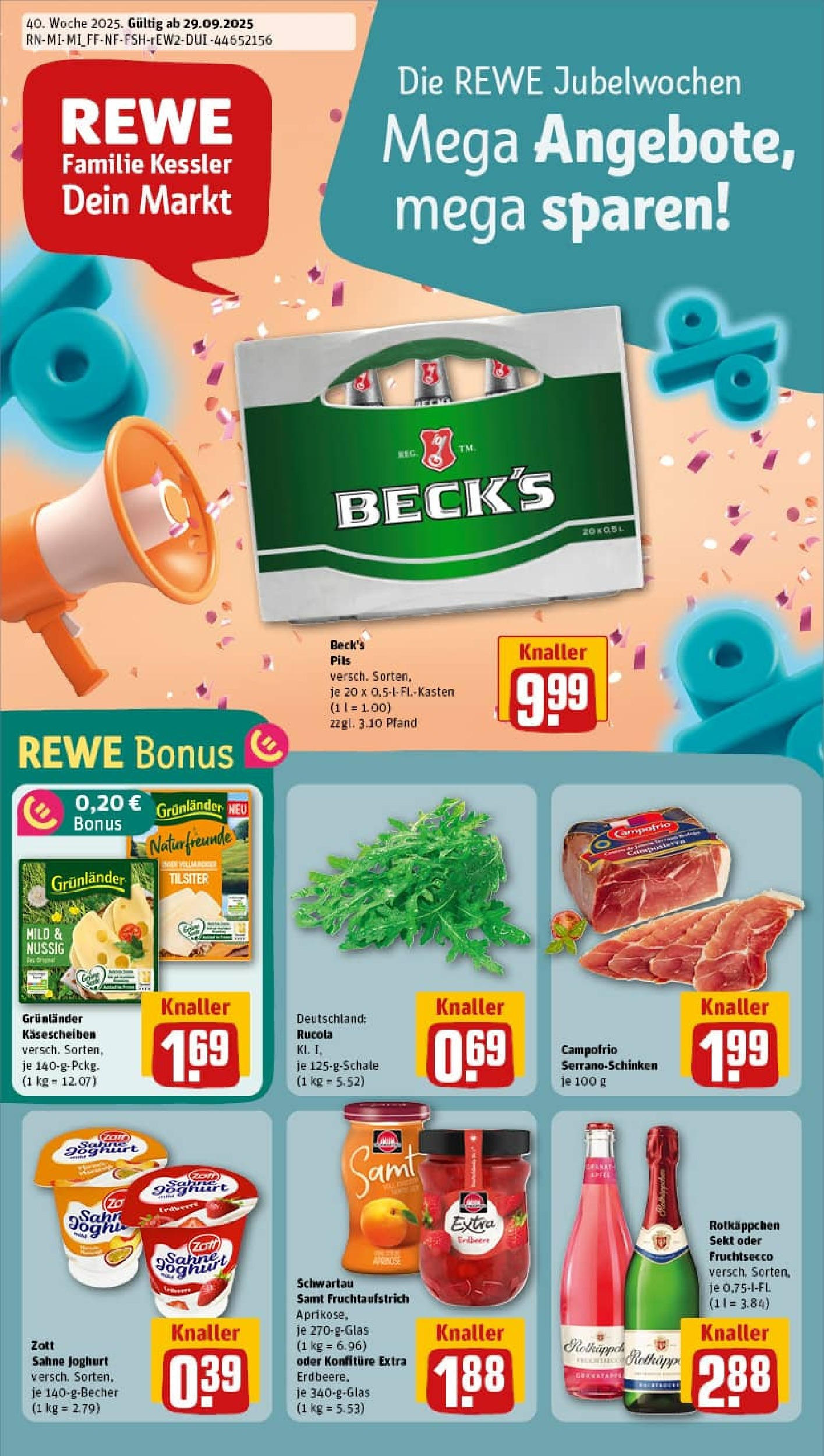 REWE Prospekt ab 28.09.2025 zum Blättern » Angebote | Seite: 1 | Produkte: Sekt, Pils, Fruchtsecco, Sahne