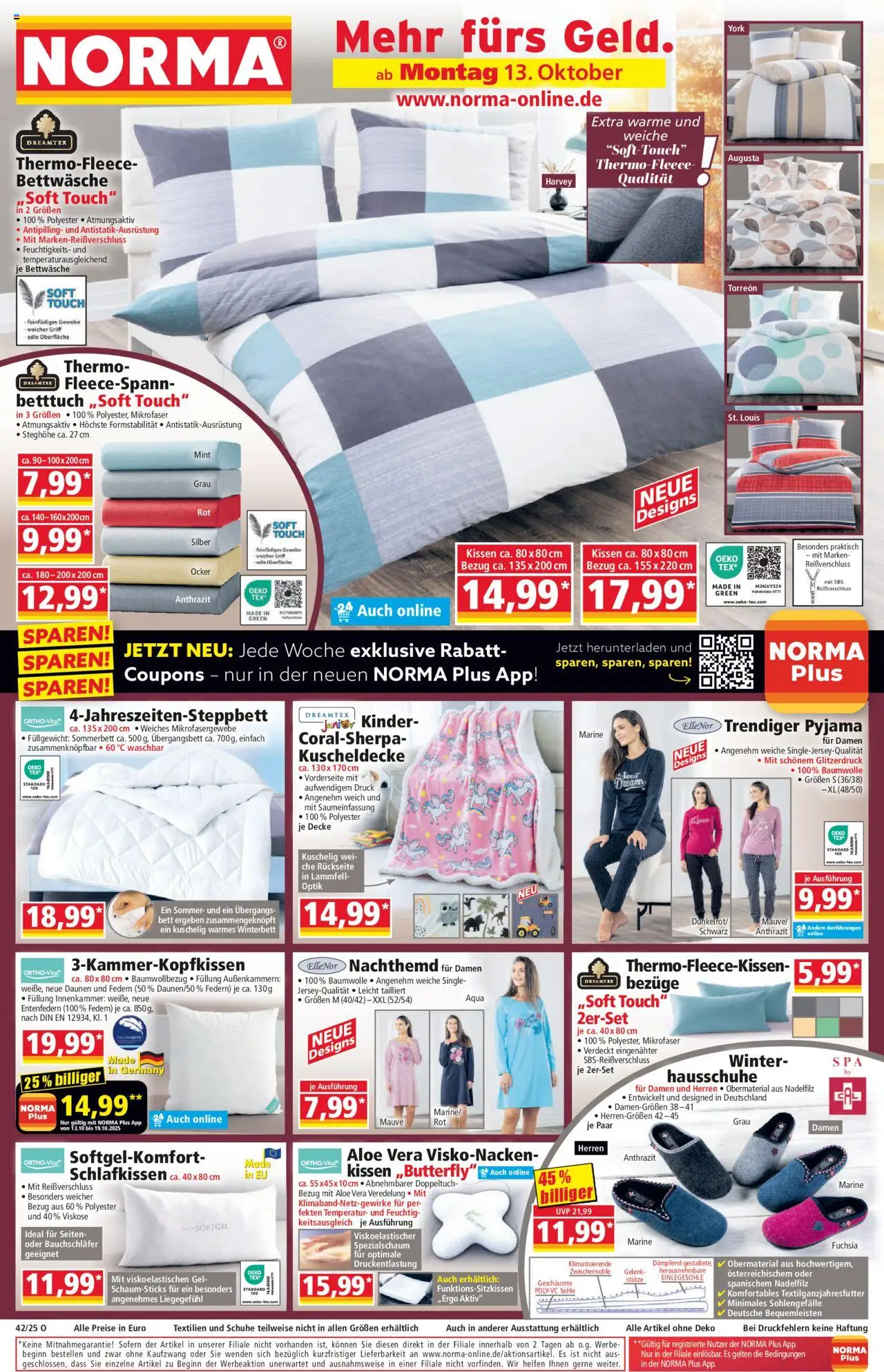 Norma Prospekt 	 – gültig ab 13.10.2025 | Seite: 1 | Produkte: Bett, Bettwäsche, Pyjama, Hausschuhe