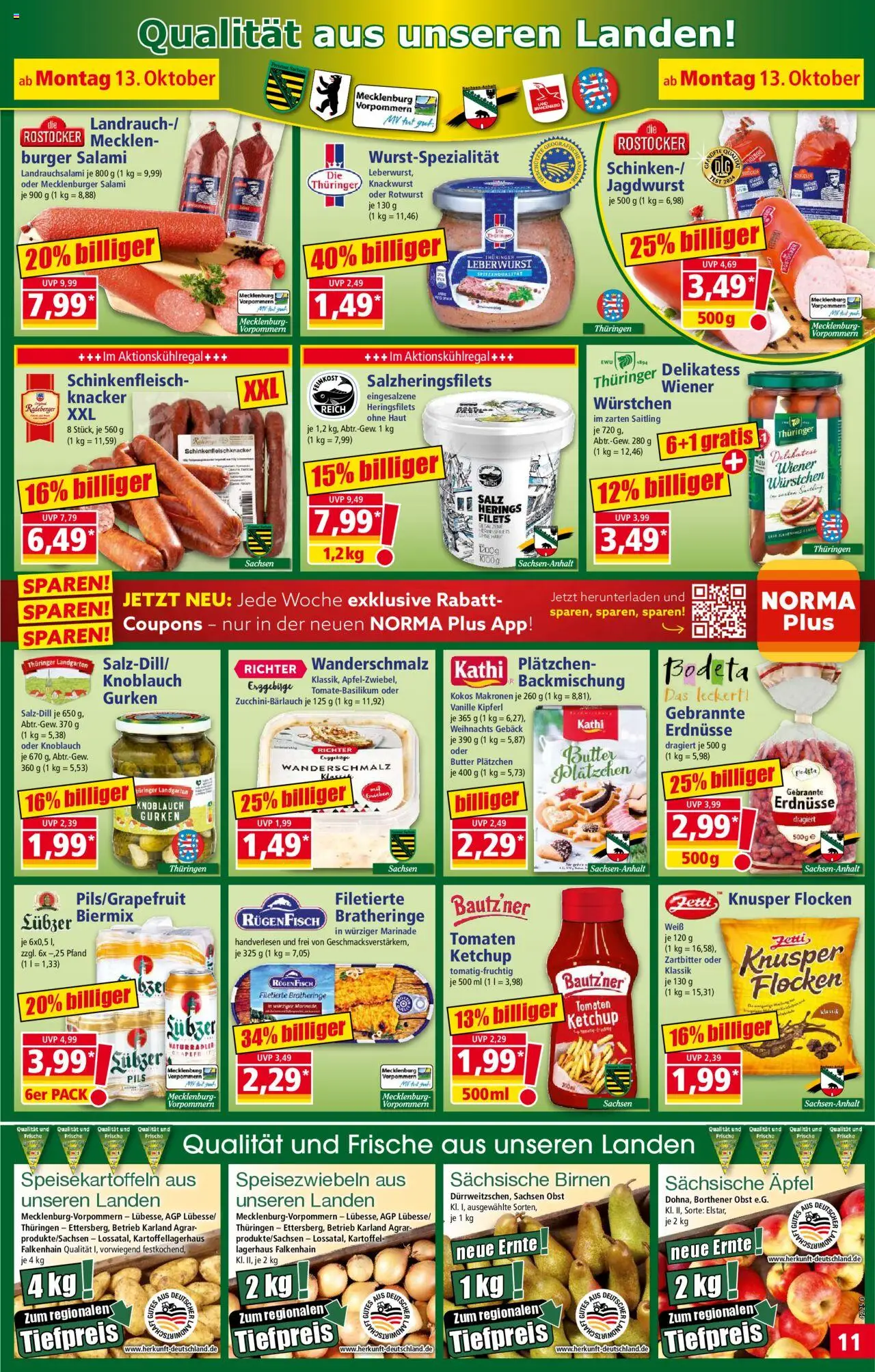 Norma Prospekt 	 – gültig ab 13.10.2025 | Seite: 11 | Produkte: Erdnüsse, Burger, Obst, Knoblauch