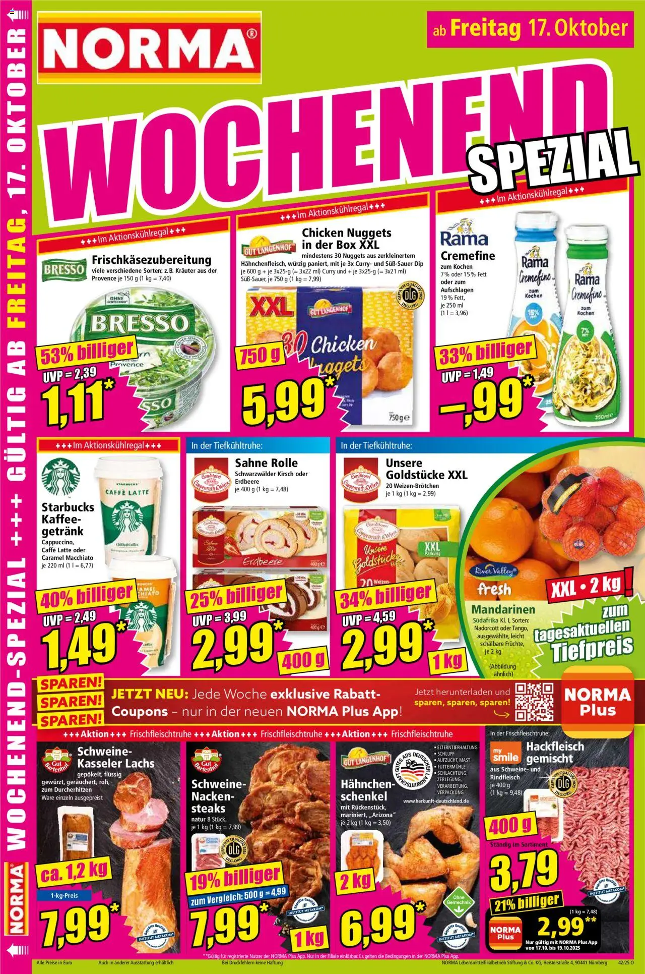Norma Prospekt 	 – gültig ab 13.10.2025 | Seite: 16 | Produkte: Hahnchen, Starbucks, Mandarinen, Lachs