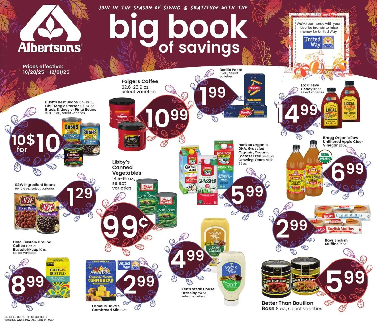 Albertsons Big Book of Savings - valid from 28.10.2025 | Page: 1 | Products: Apple Cider Vinegar, Cider, Coffee, Pasta Albertsons Big Book of Savings - valid from 28.10.2025 | Page: 1 | Products: Apple Cider Vinegar, Cider, Coffee, Pasta