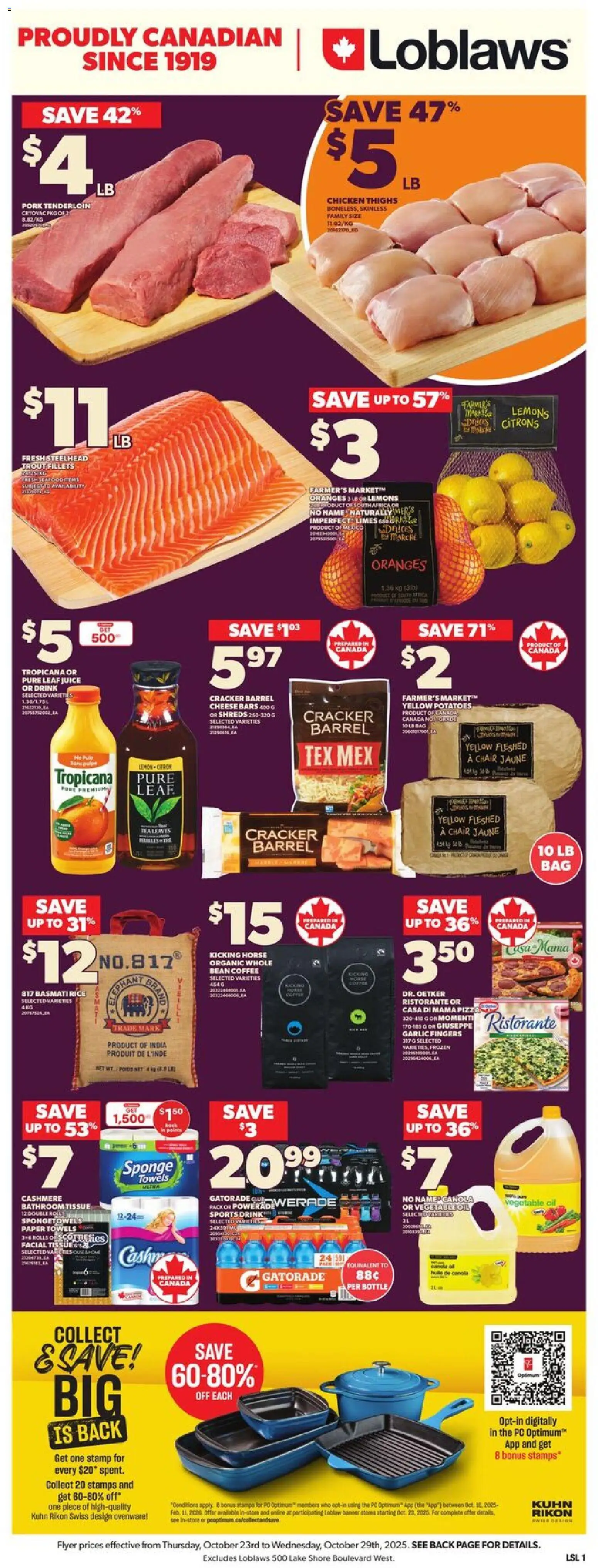 Loblaws flyer valid from 23.10.2025 | Page: 3 | Products: Tea, Cheese, Oil, Pizza