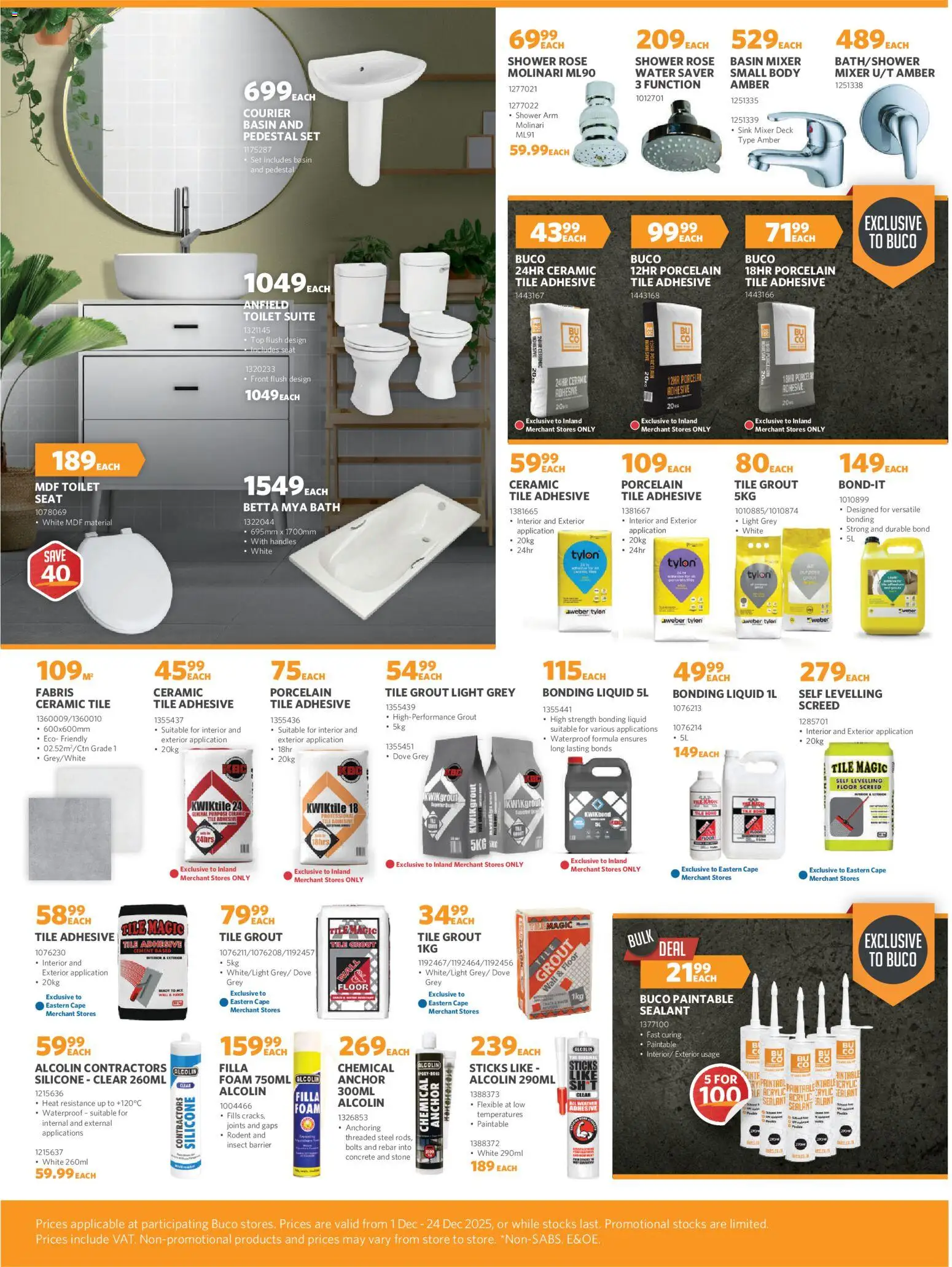 New BUCO catalogue – valid from 01.12.2025 | Page: 5 | Products: Mixer, Tile grout, Toilet, Bonding liquid