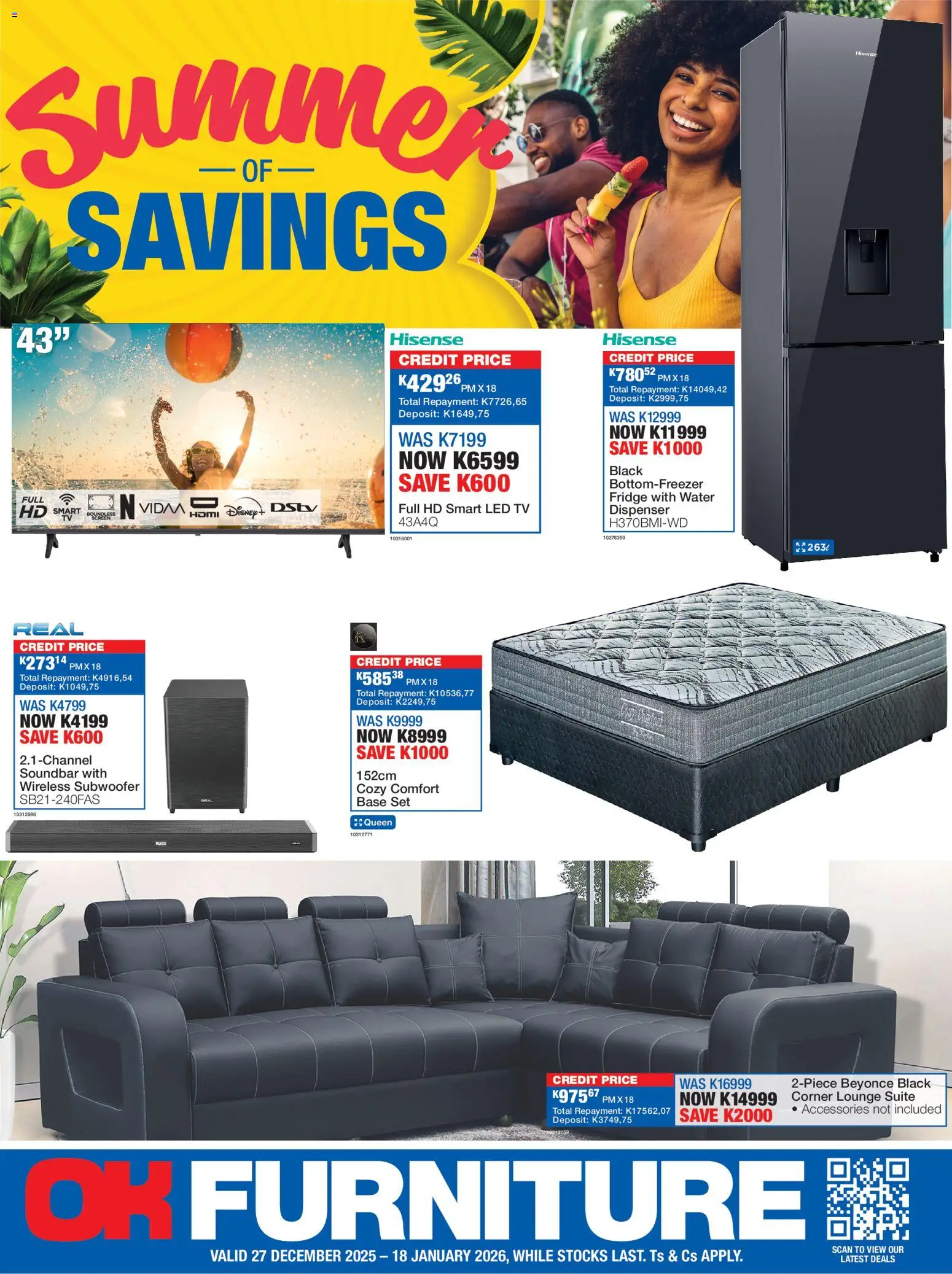 New OK Furniture catalogue – valid from 27.12.2025 | Page: 1 | Products: Fridge, Lounge suite, Soundbar, Water