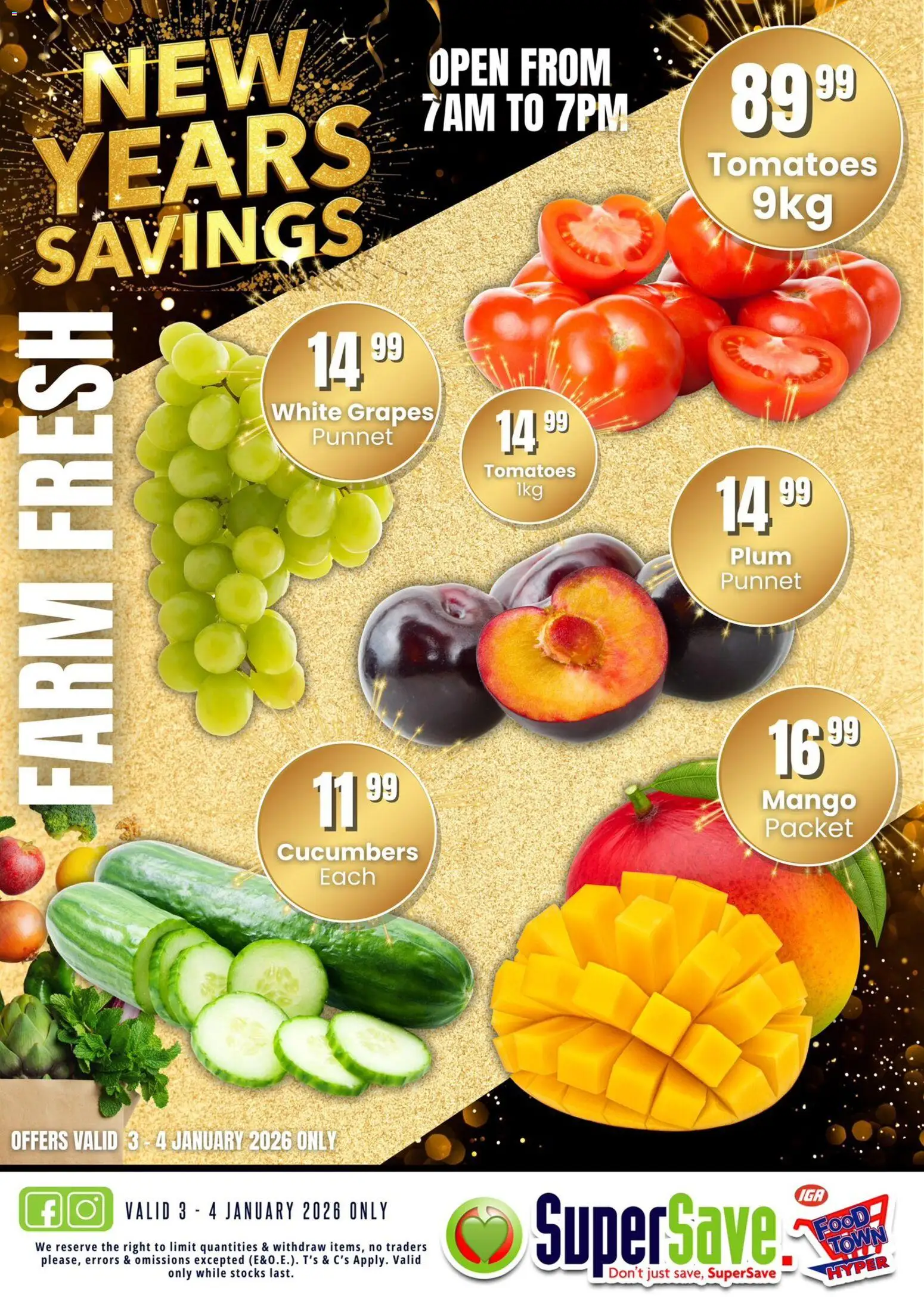 New Super Save catalogue – valid from 03.01.2026 | Page: 1 | Products: Tomatoes, Cucumbers, Mango, Grapes