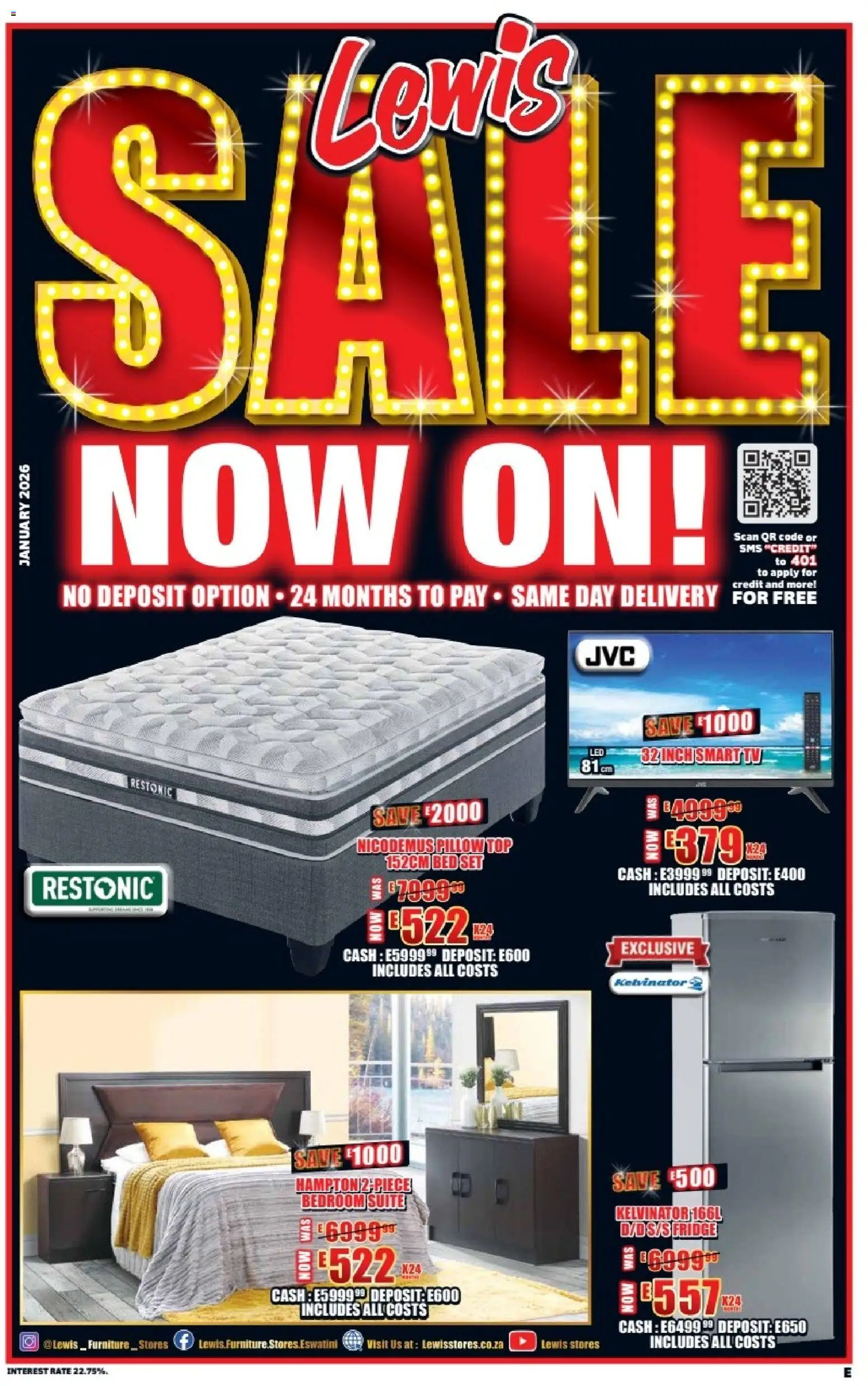 New Lewis Stores catalogue – valid from 05.01.2026 | Page: 1 | Products: Bed, Pillow, TV, Fridge New Lewis Stores catalogue – valid from 05.01.2026 | Page: 1 | Products: Bed, Pillow, TV, Fridge