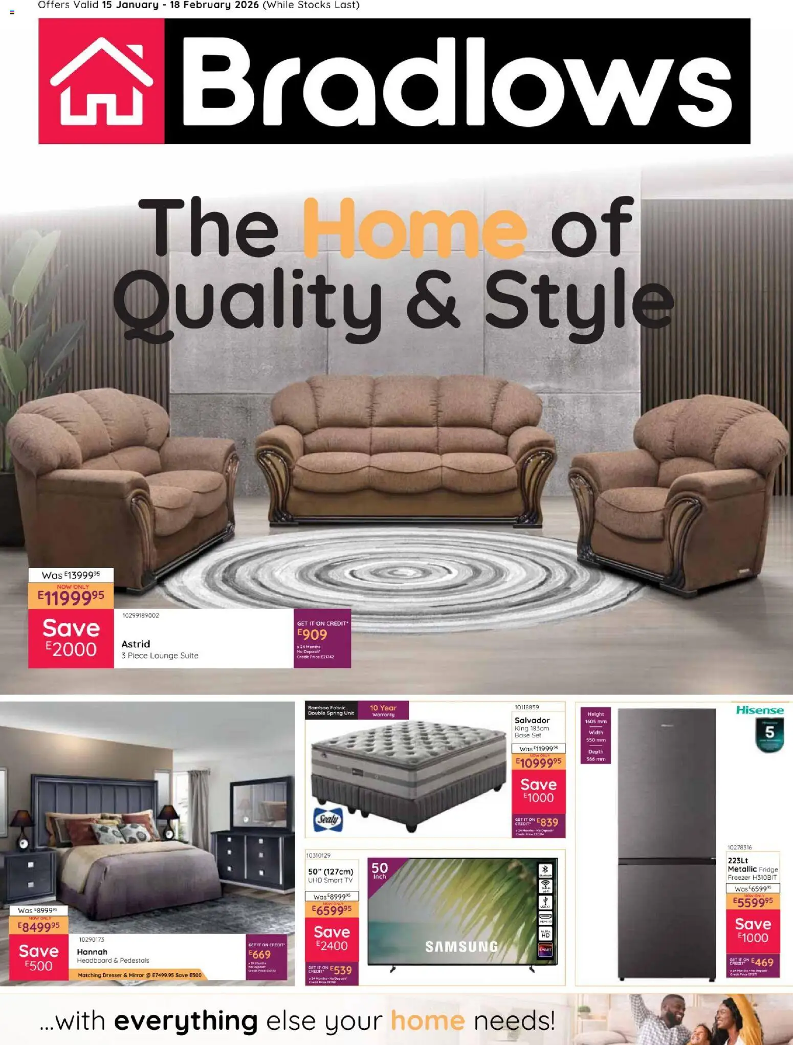 New Bradlows catalogue – valid from 15.01.2026 | Page: 1 | Products: TV, Mirror, Fridge, Lounge suite