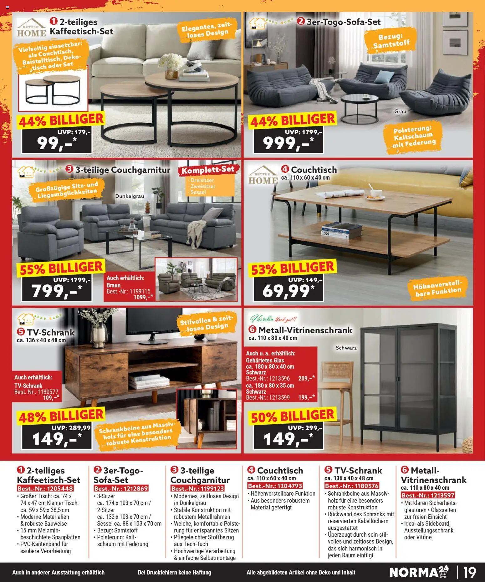 Norma Bestellmagazin Januar 2026 – gültig ab 01.01.2026 | Seite: 19 | Produkte: Vitrine, Vitrinenschrank, Couchtisch, Tisch