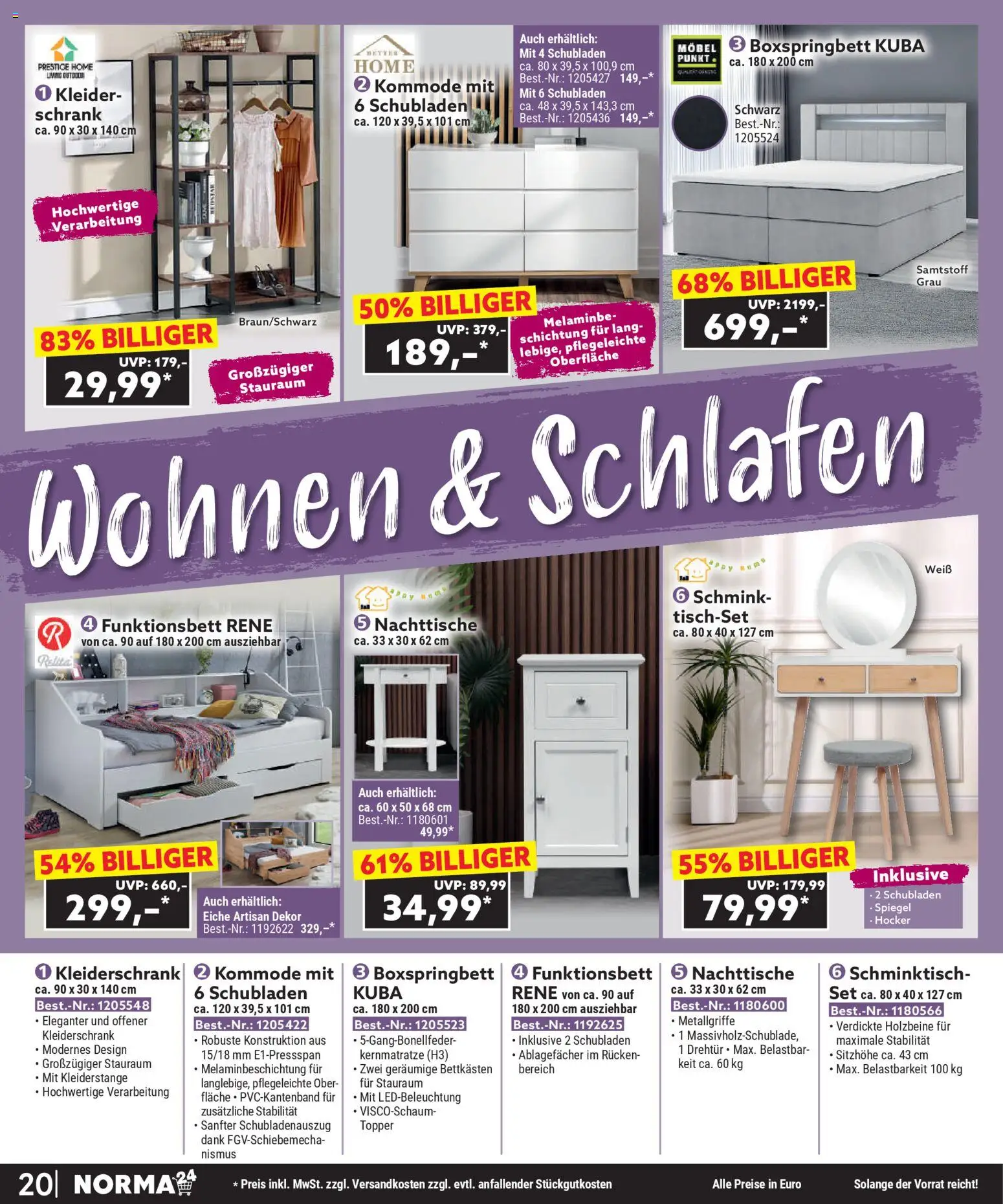 Norma Bestellmagazin Januar 2026 – gültig ab 01.01.2026 | Seite: 20 | Produkte: Kleiderschrank, Schrank, Schminktisch, Spiegel