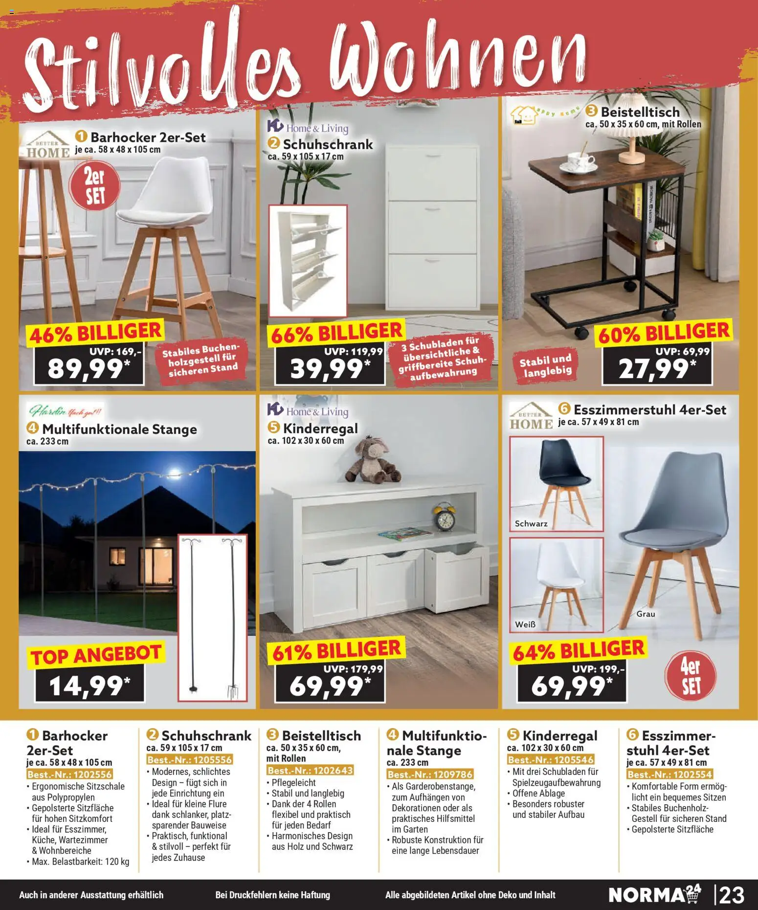 Norma Bestellmagazin Januar 2026 – gültig ab 01.01.2026 | Seite: 23 | Produkte: Top, Beistelltisch, Barhocker, Stuhl